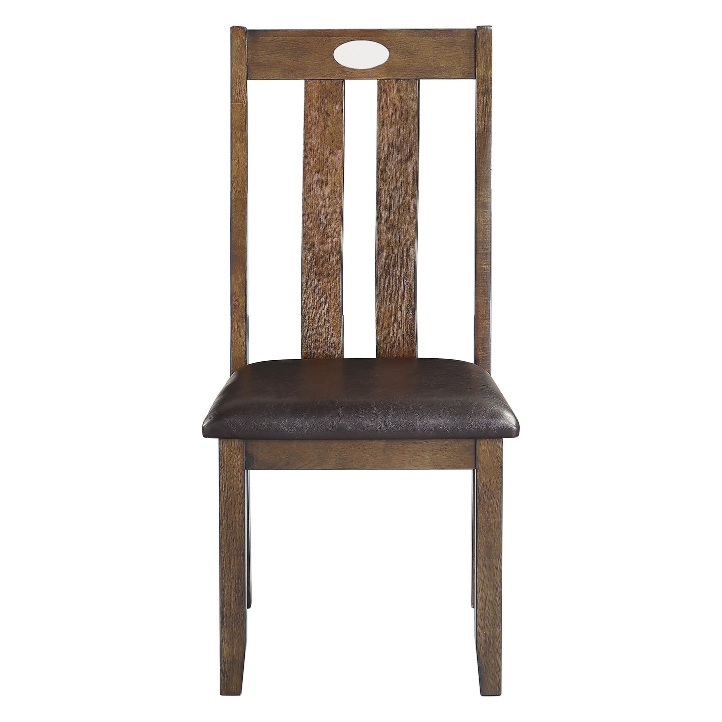 Dark wood dining chair with upholstered brown seat and slatted back
