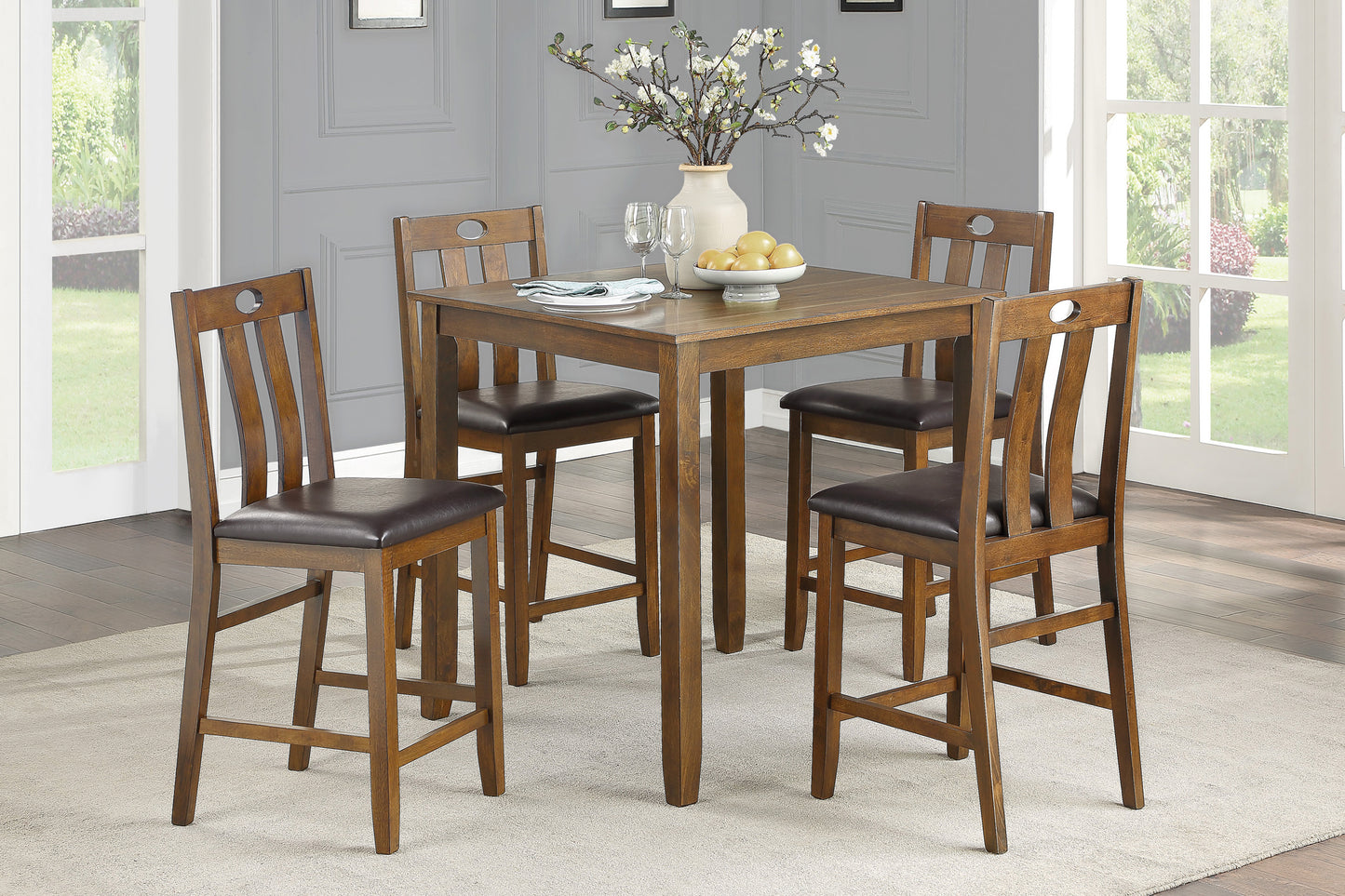 Wooden bar stool with dark brown cushioned seat and slatted back