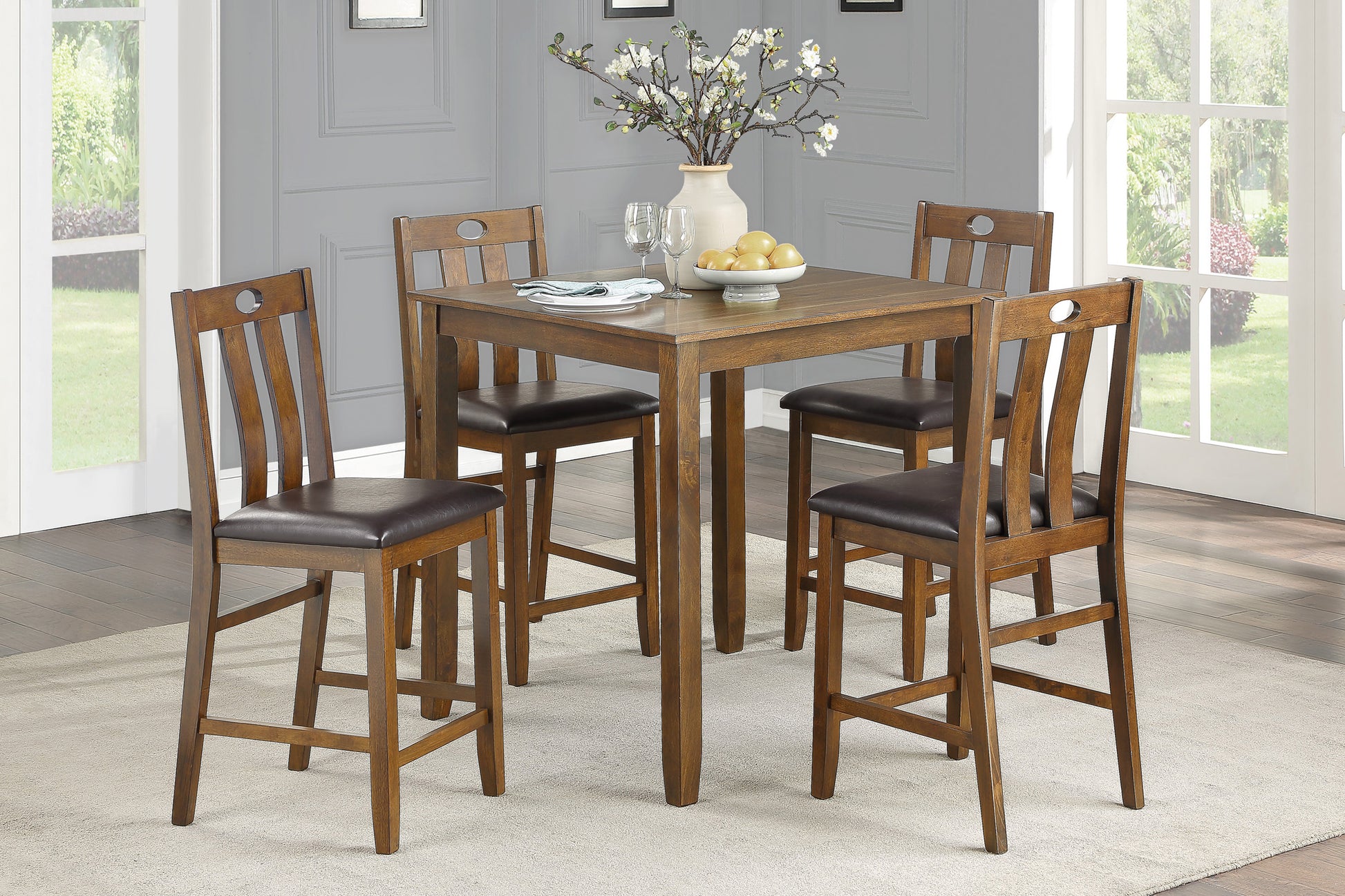 Wooden bar stool with dark brown cushioned seat and slatted back