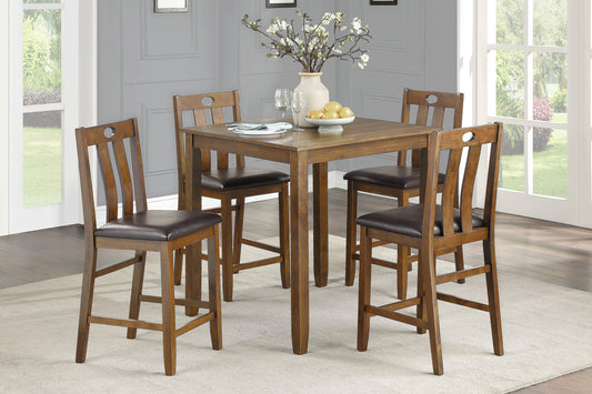 Wooden bar stool with dark brown cushioned seat and slatted back