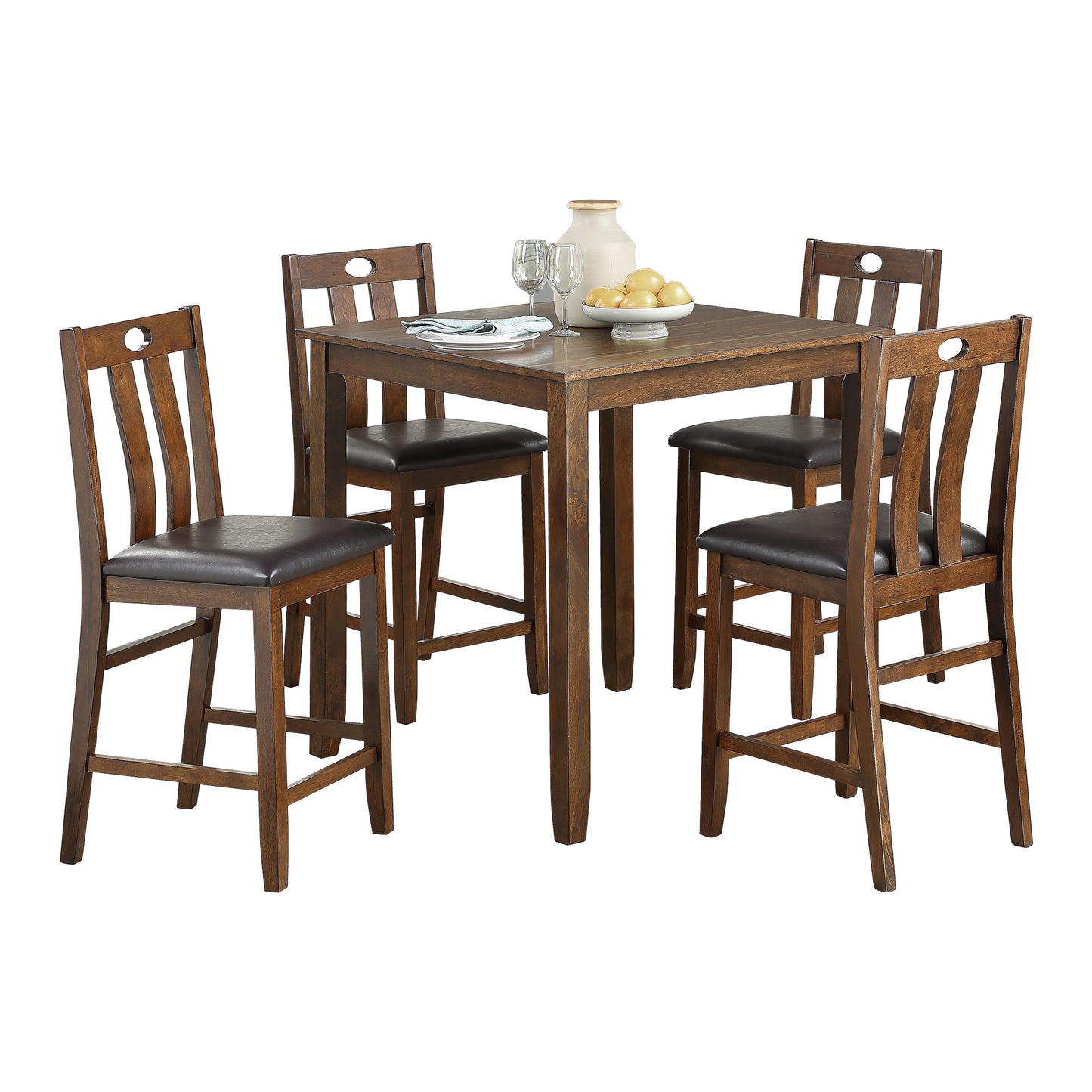 Dark brown wood counterheight dining set with four chairs and a square table