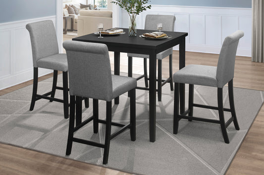 Black square counter height dining table with four grey upholstered stools