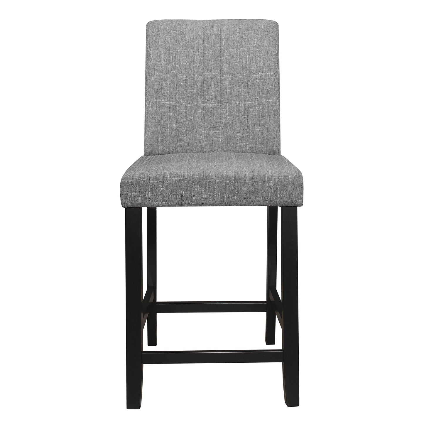 Modern grey fabric upholstered bar stool with black wooden legs