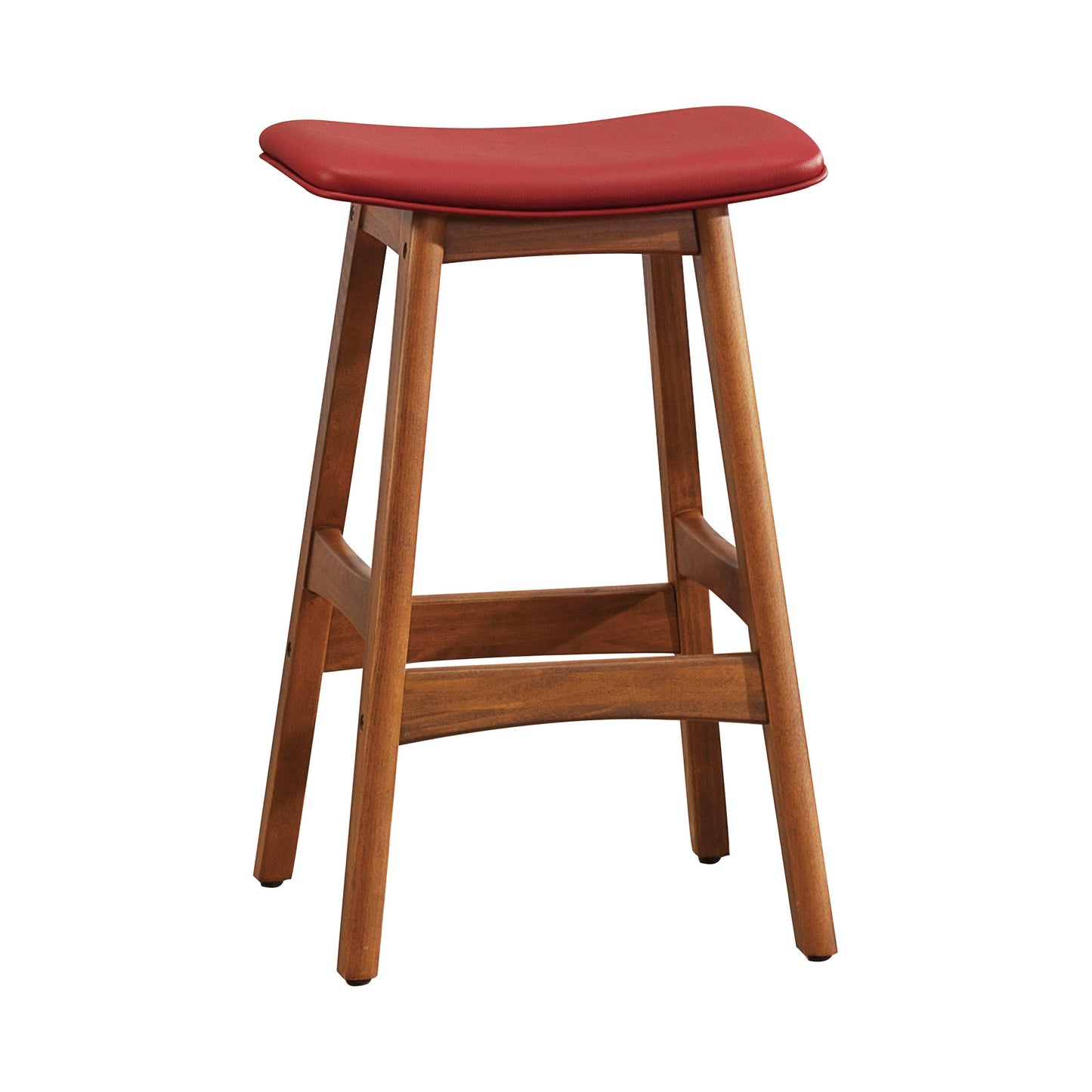Red leather saddle stool with a natural wood base