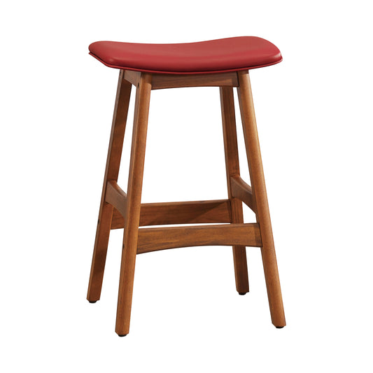 Red leather saddle stool with a natural wood base