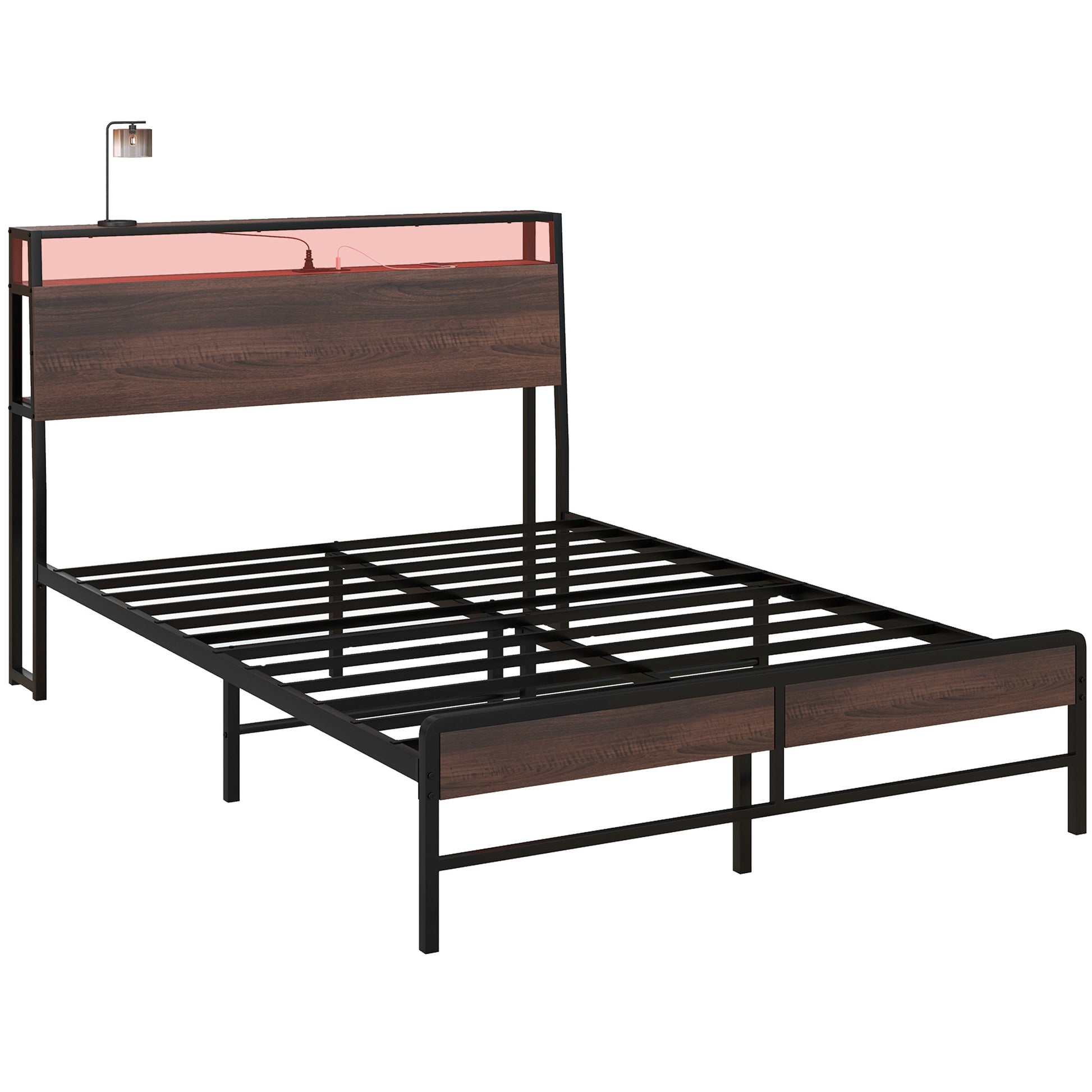 Dark wood and black metal bed frame with integrated pink LED headboard light