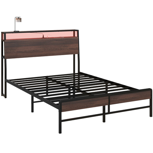 Dark wood and black metal bed frame with integrated pink LED headboard light