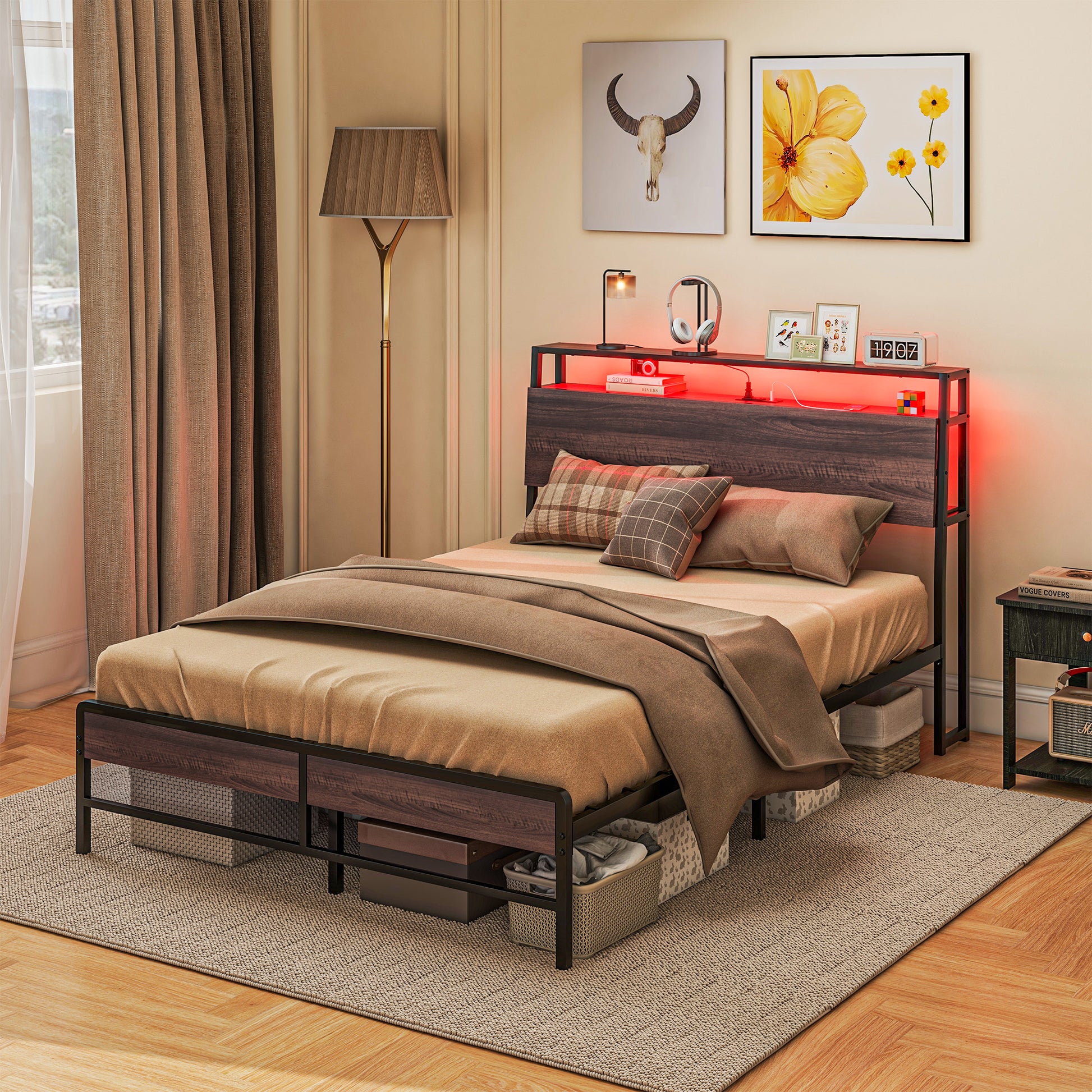 Dark wood headboard bed frame with builtin shelf and red LED lighting