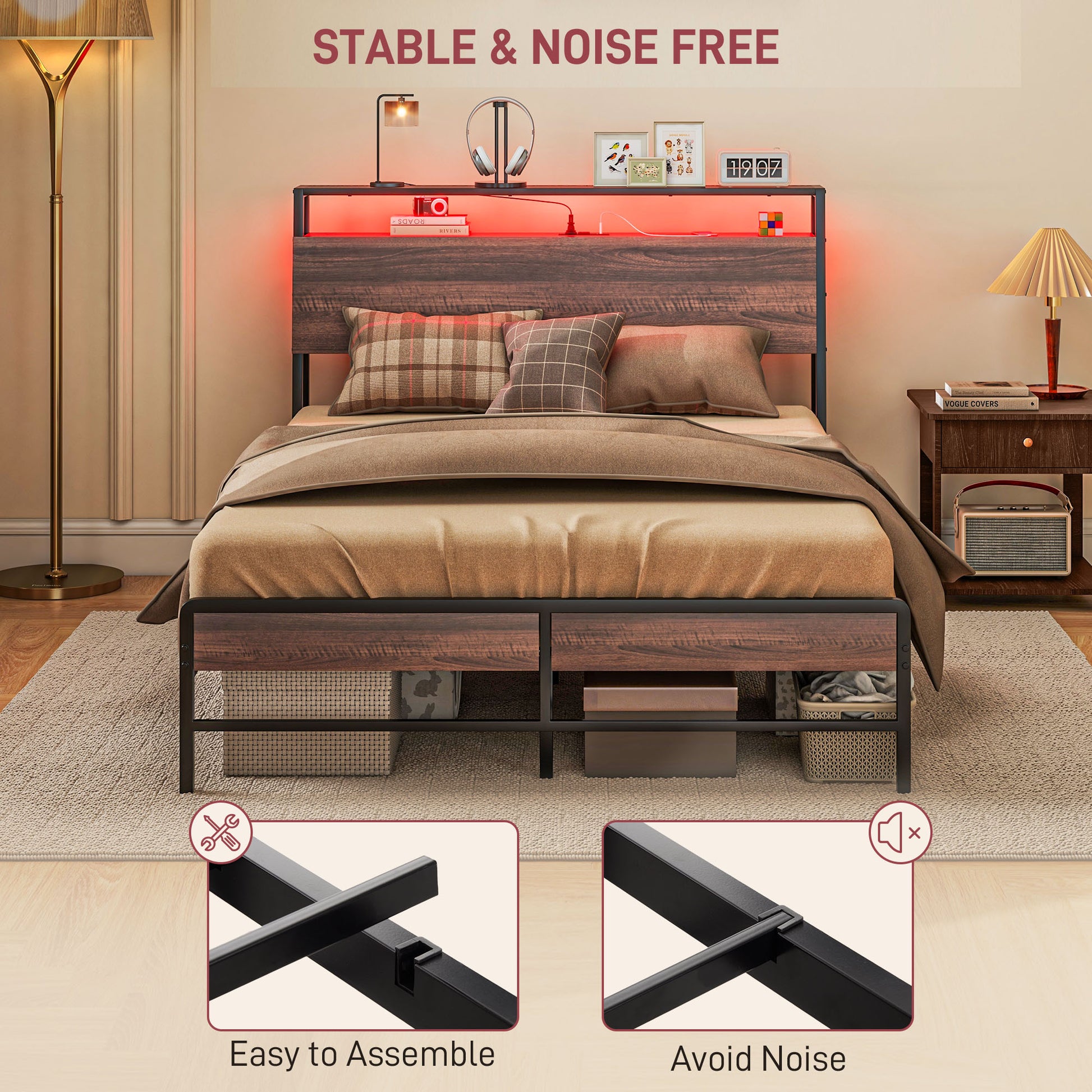 King size platform bed with integrated headboard LED lighting in red and builtin storage drawers