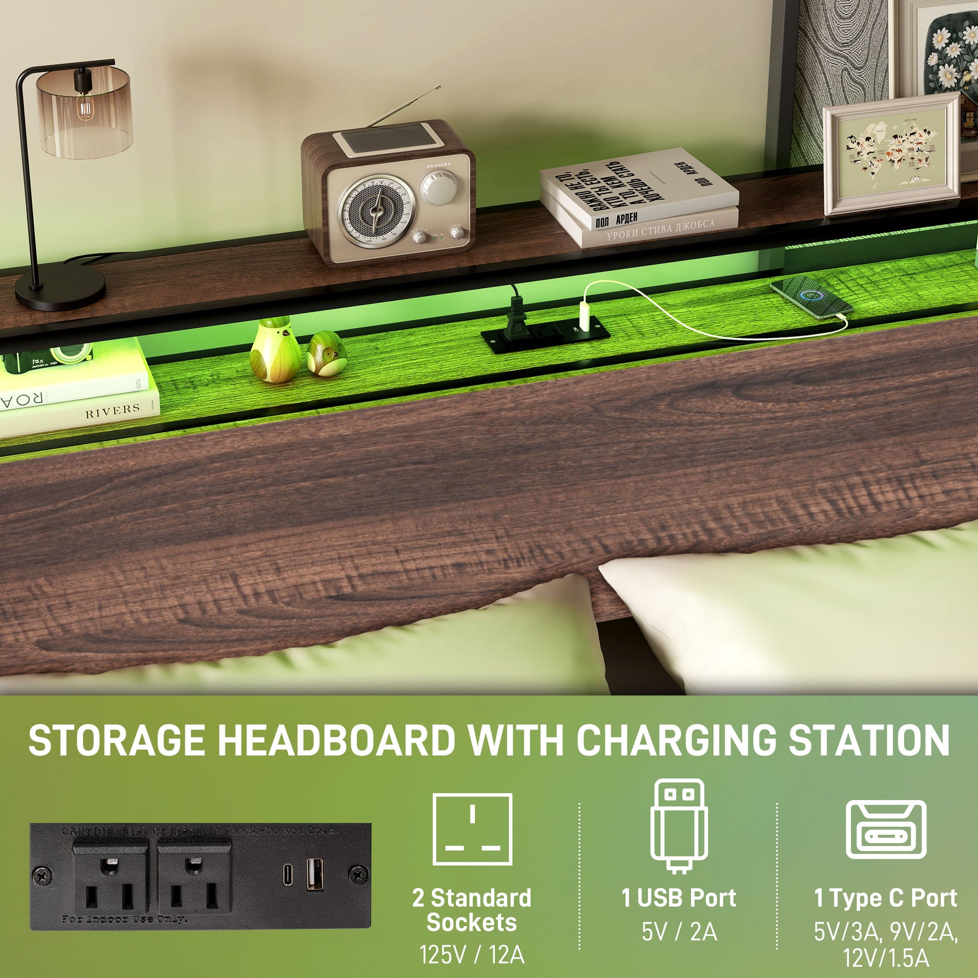 Wood grain storage headboard with builtin charging station and LED lighting