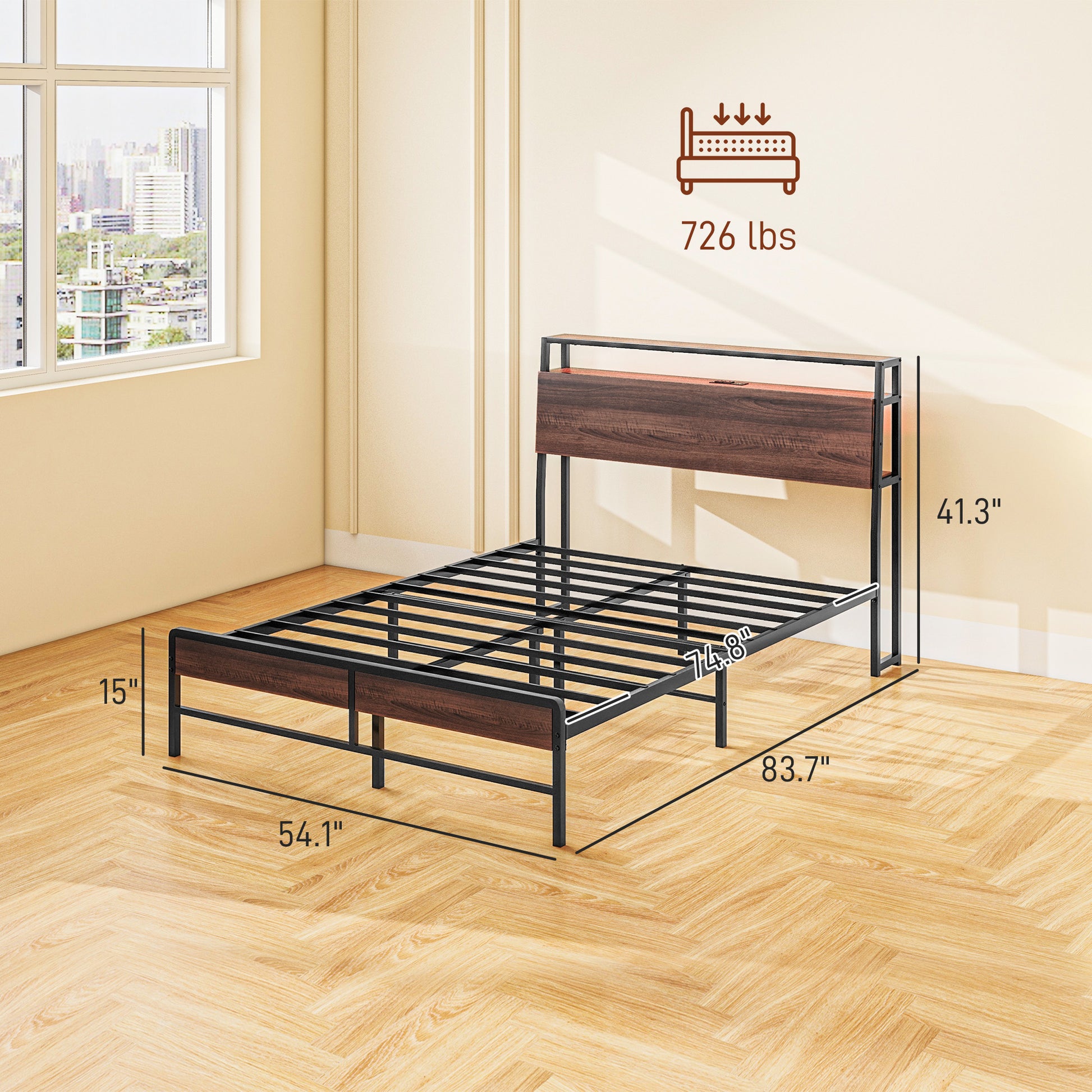 Modern metal platform bed frame with dark wood headboard and footboard accents