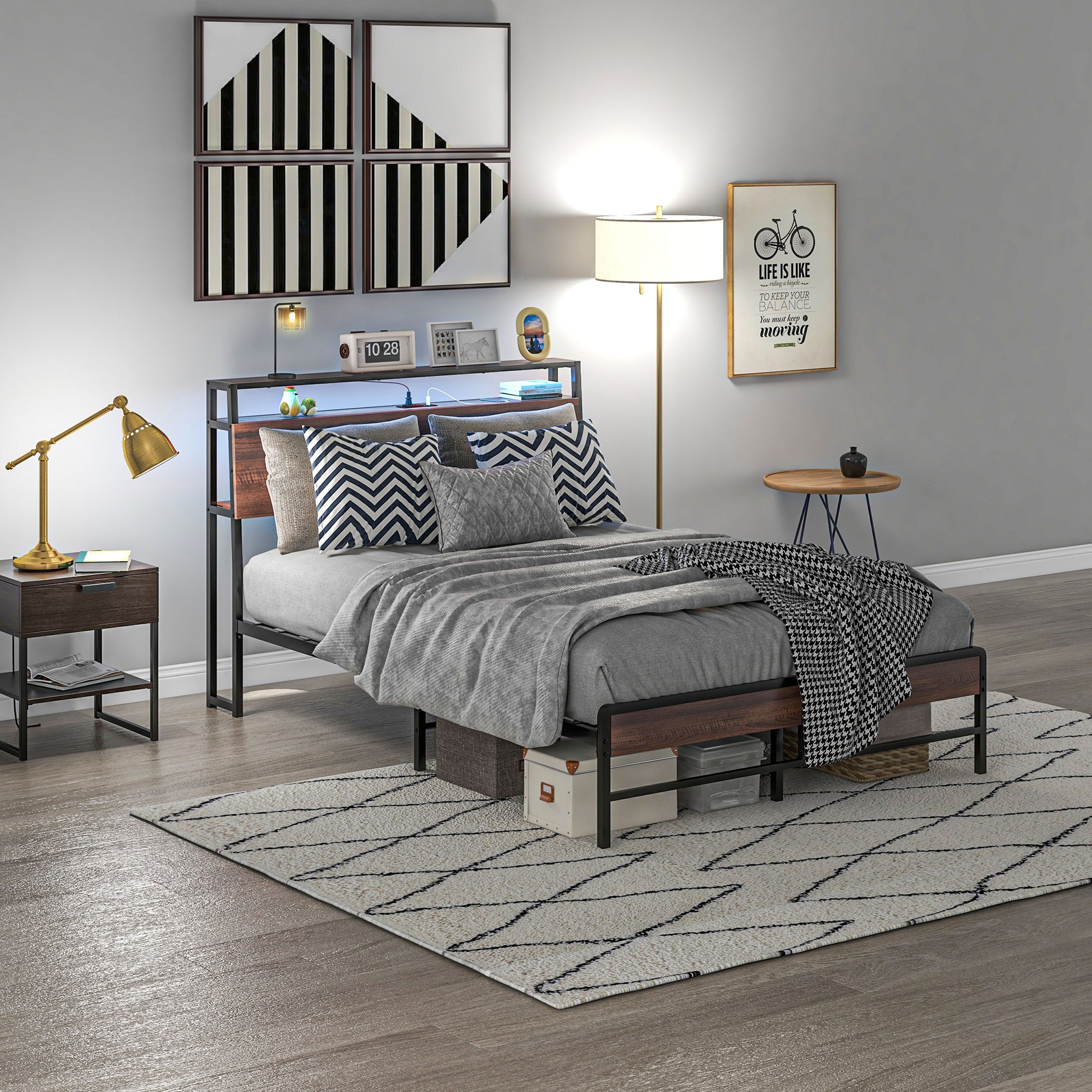 Industrial metal bed frame with rustic wood headboard and USB charging