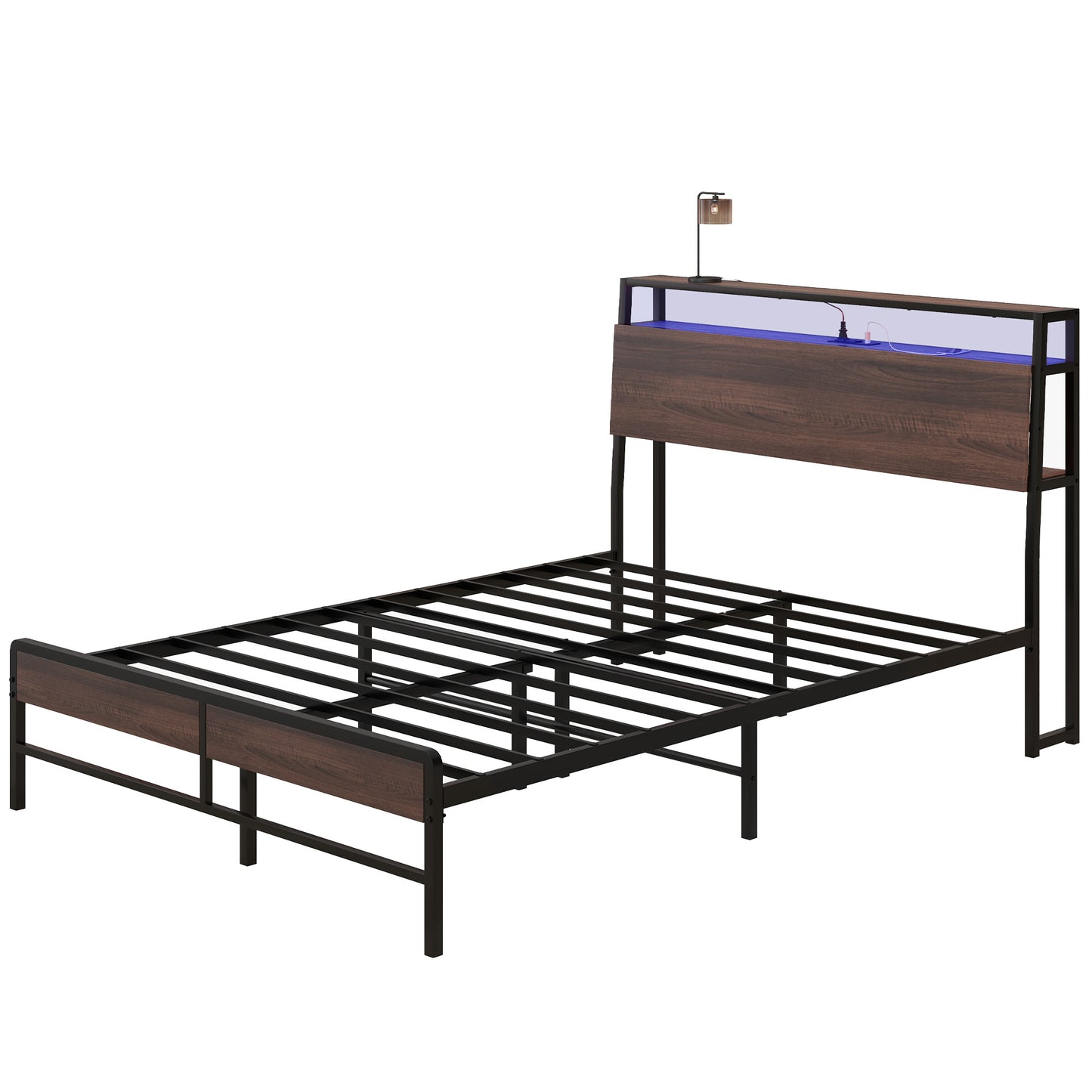 Metal platform bed frame with woodlook headboard and blue LED lighting
