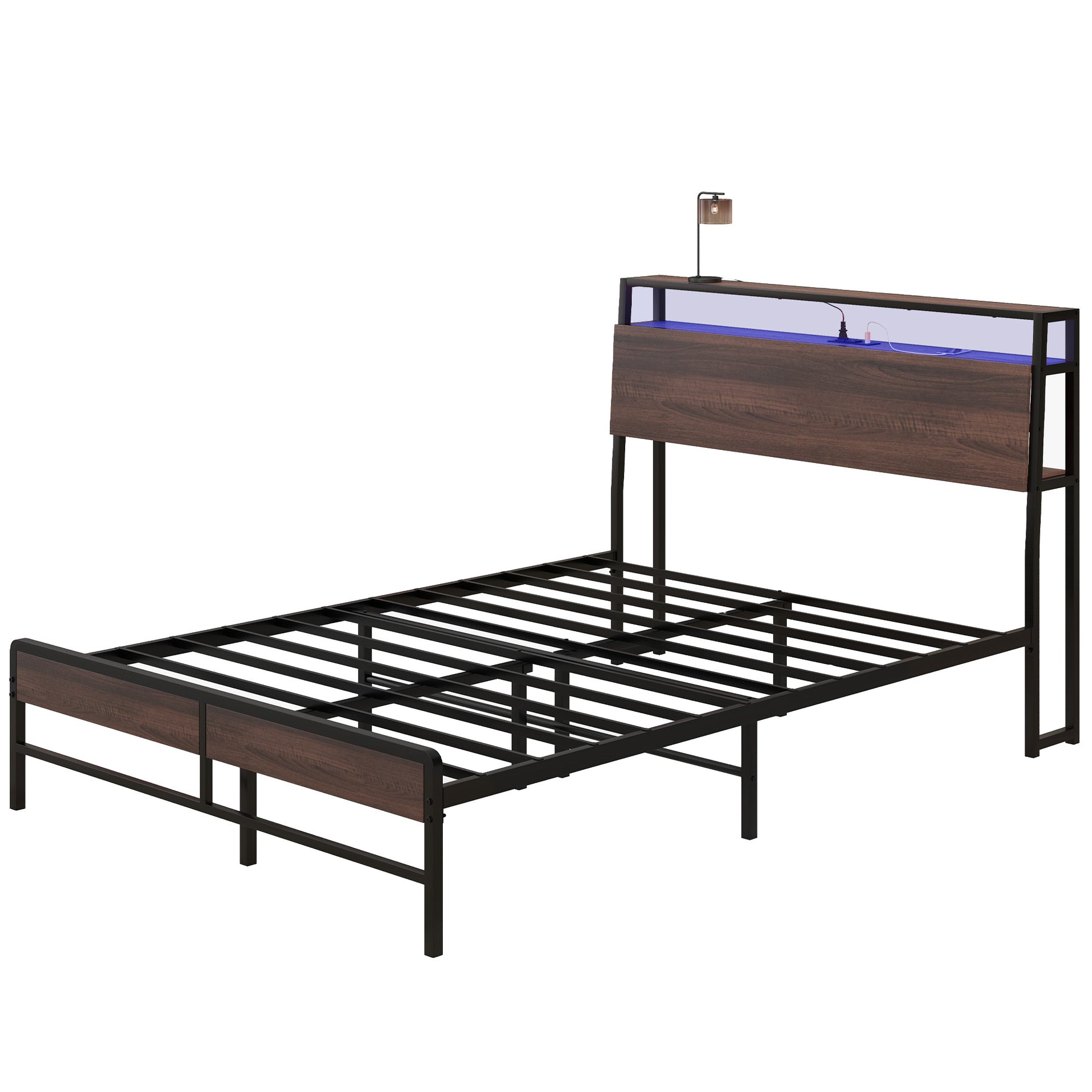 Metal platform bed frame with woodlook headboard and blue LED lighting