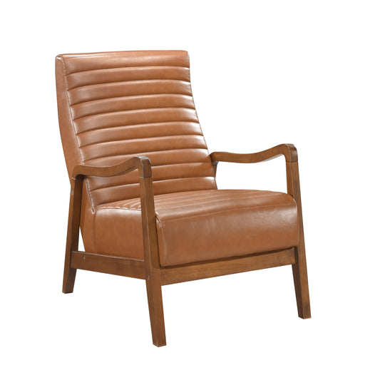 Brown leather accent chair with channel tufting and wooden frame
