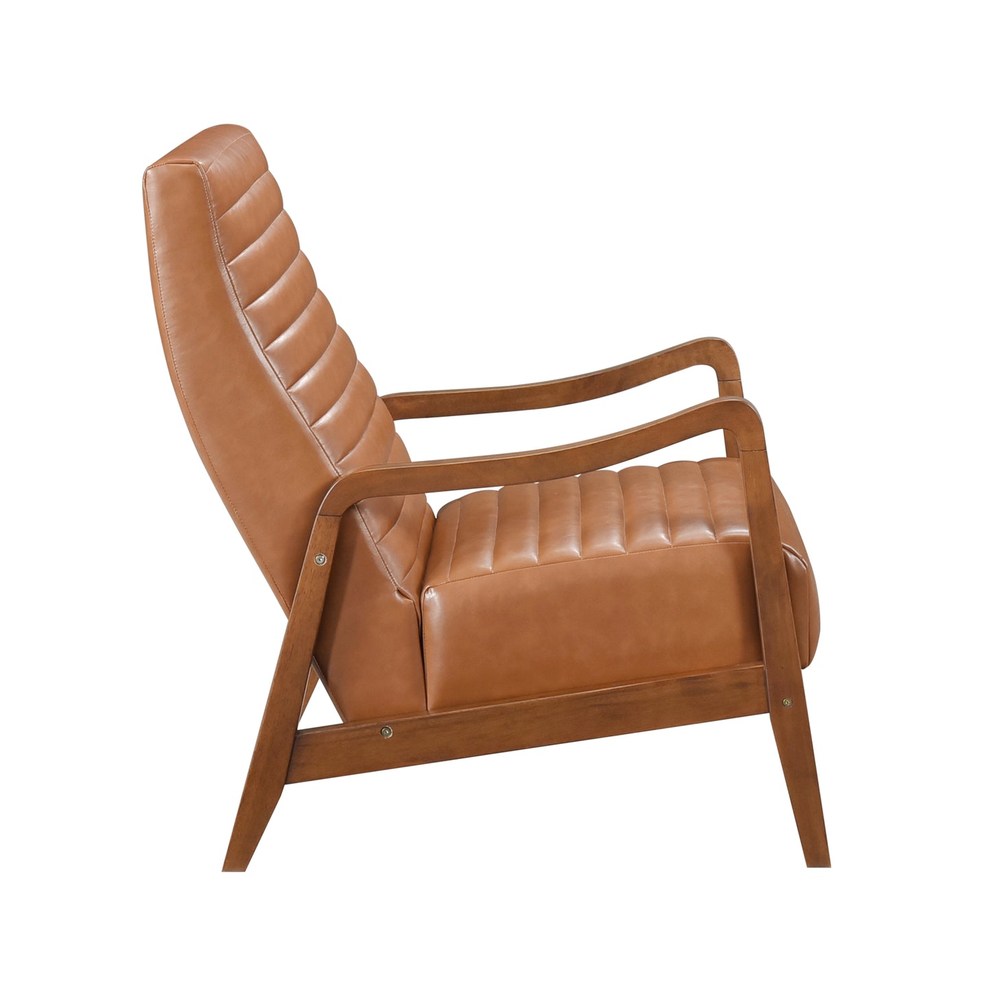 Tan leather armchair with channeled seat and back natural wood arms and legs