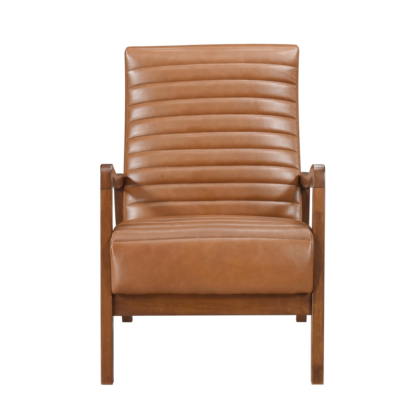 Tan leather armchair with fluted seat and back wooden frame