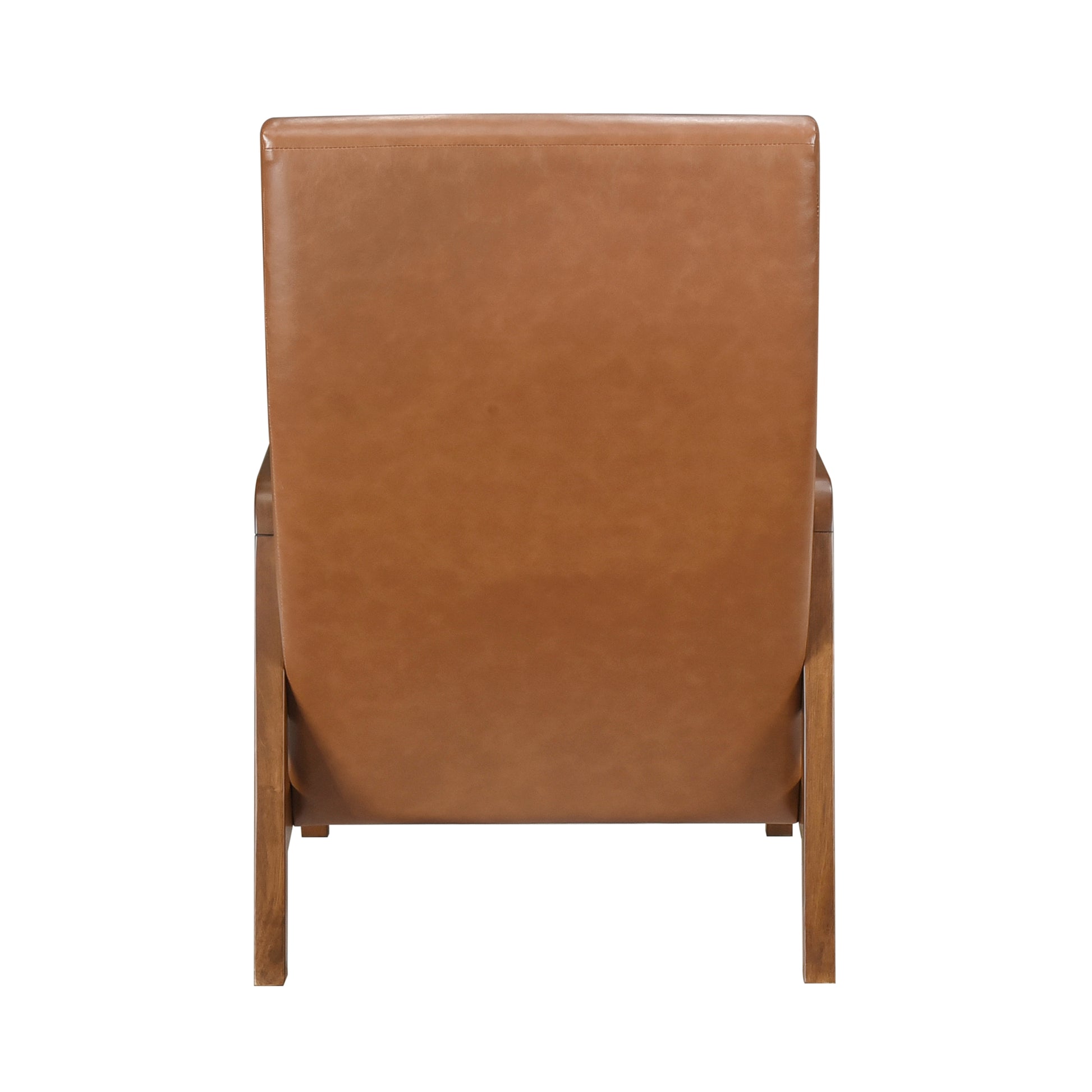 Back view of a caramel leather armchair with wooden legs perfect for modern living rooms