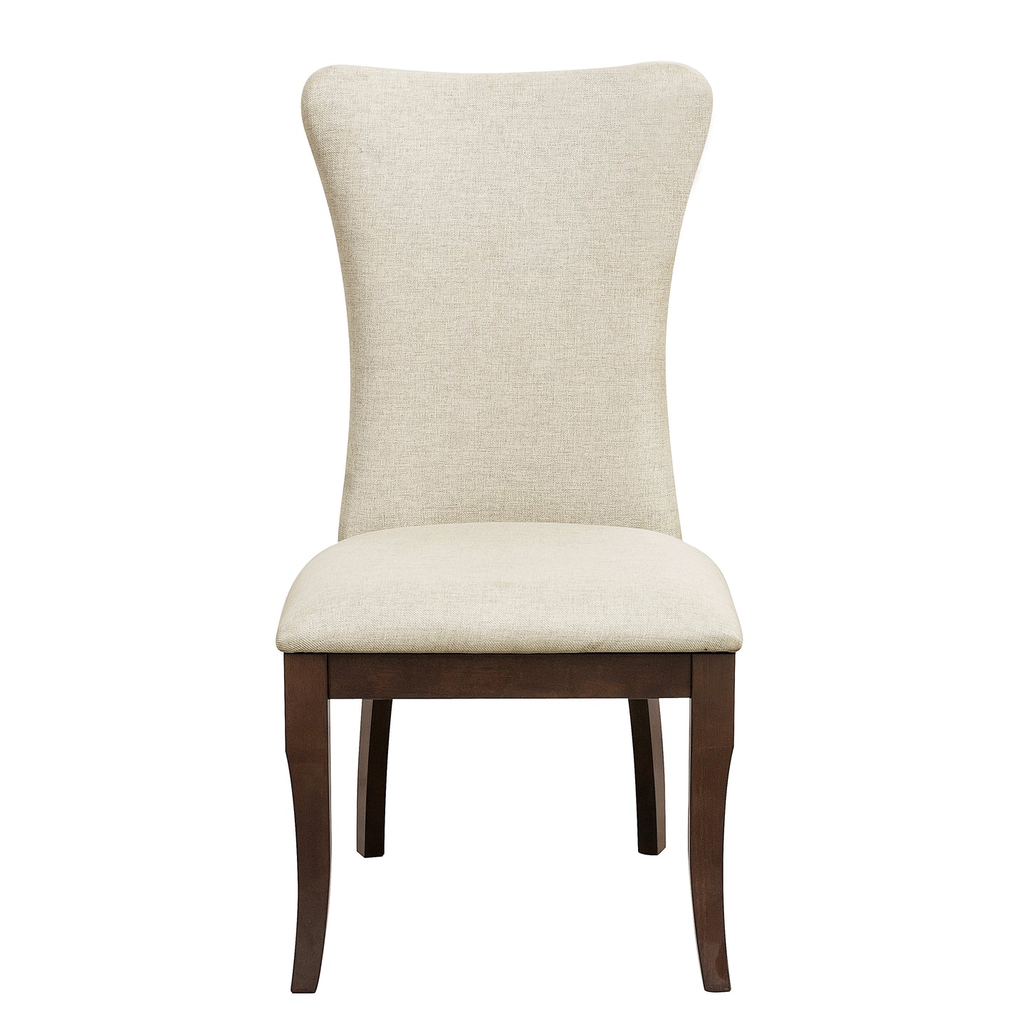 Elegant dining chair with beige fabric upholstery and dark wood legs