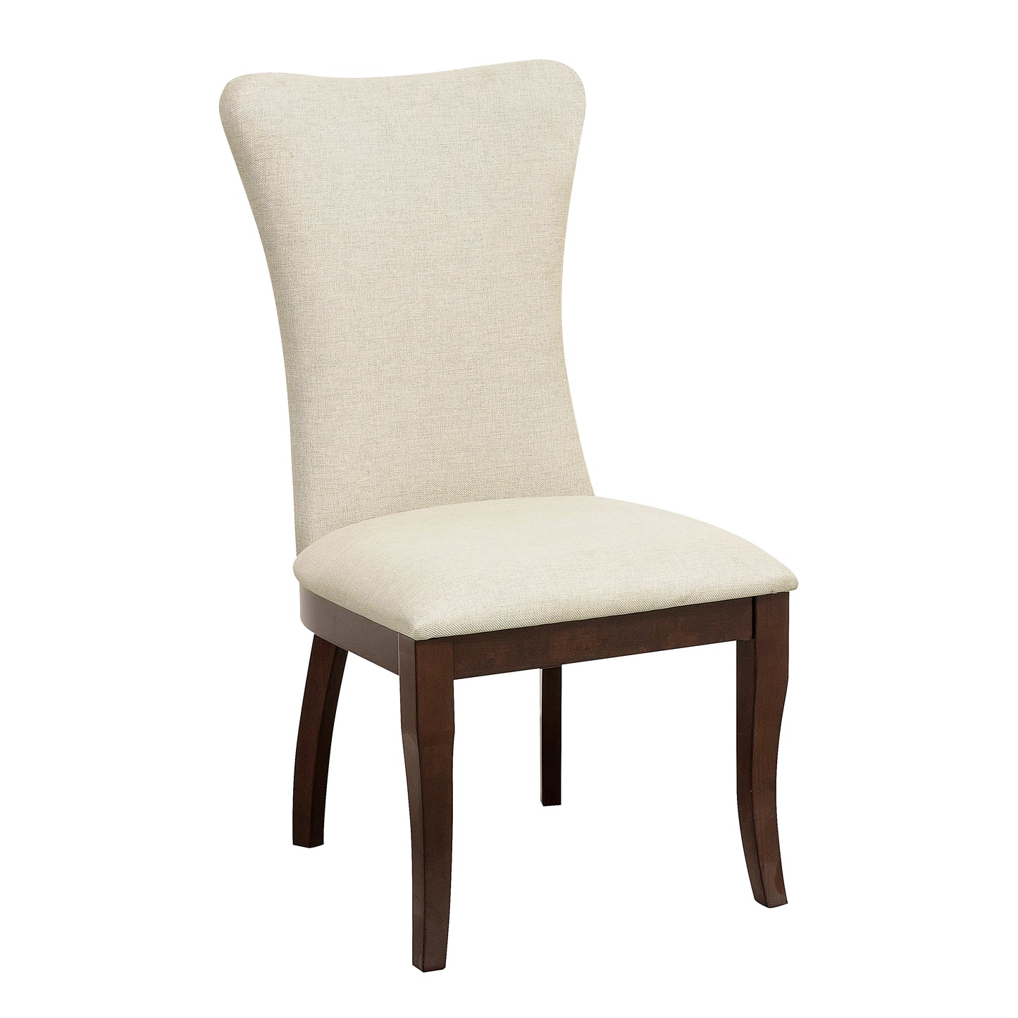 Elegant upholstered dining chair with a high back in light beige linen fabric and a dark wood frame