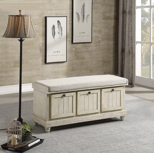 Rustic storage bench with three drawers and upholstered seat for entryway organization