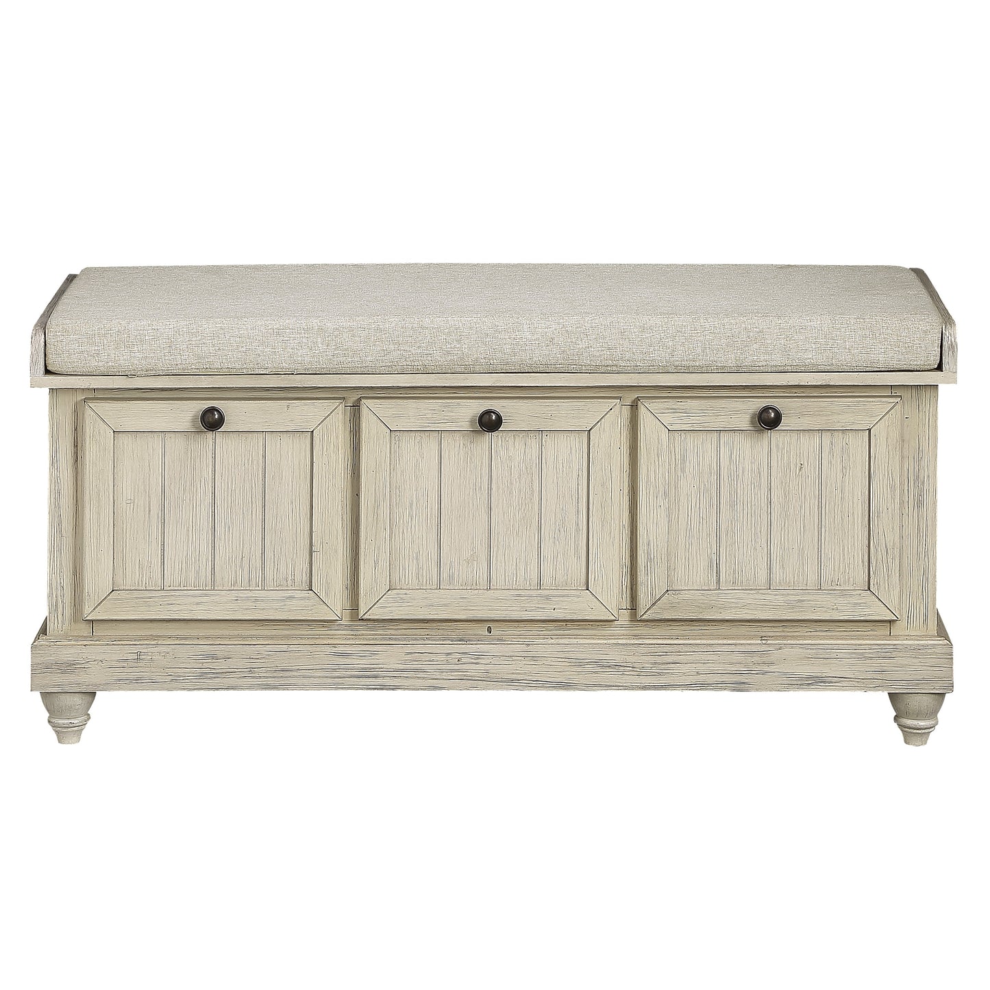 Distressed white storage bench with cushioned seat and three paneled drawers
