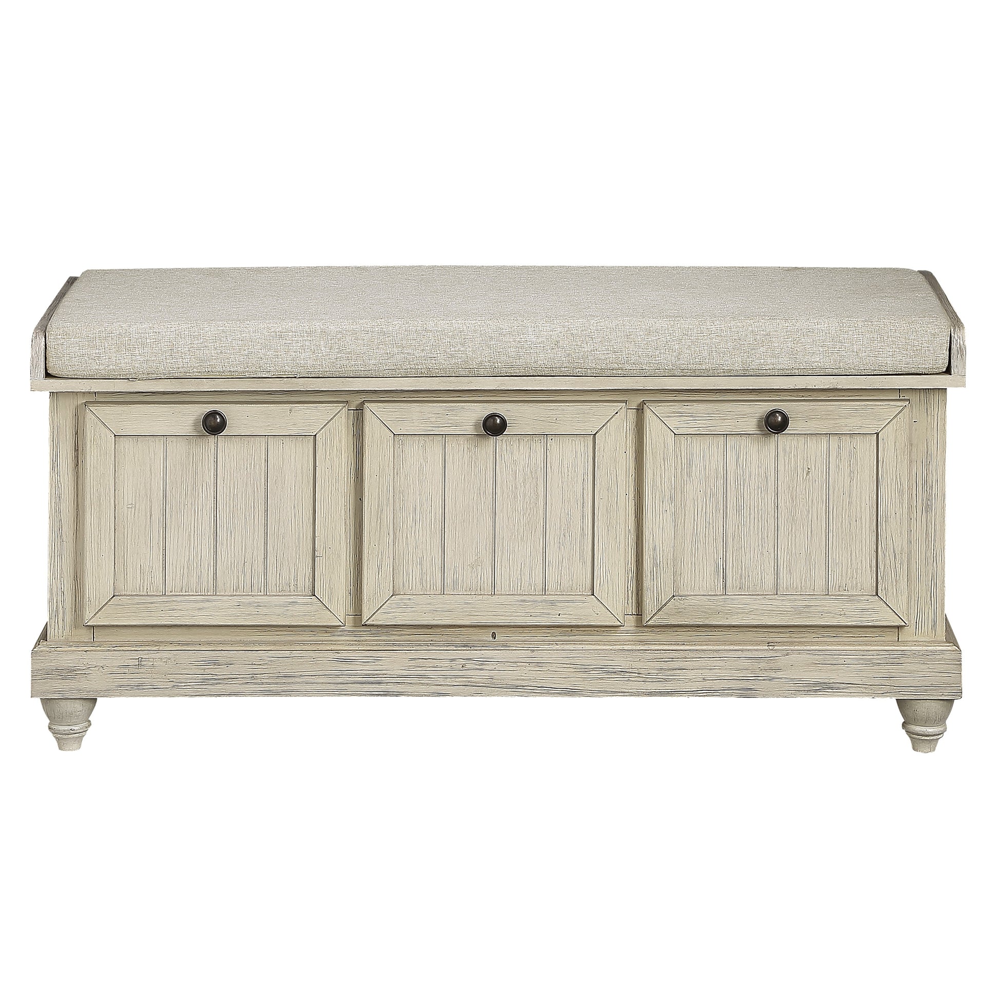 Distressed white storage bench with cushioned seat and three paneled drawers