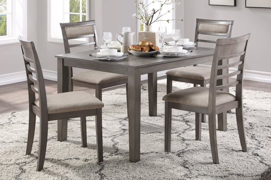 Gray wood dining set with upholstered chairs and place settings