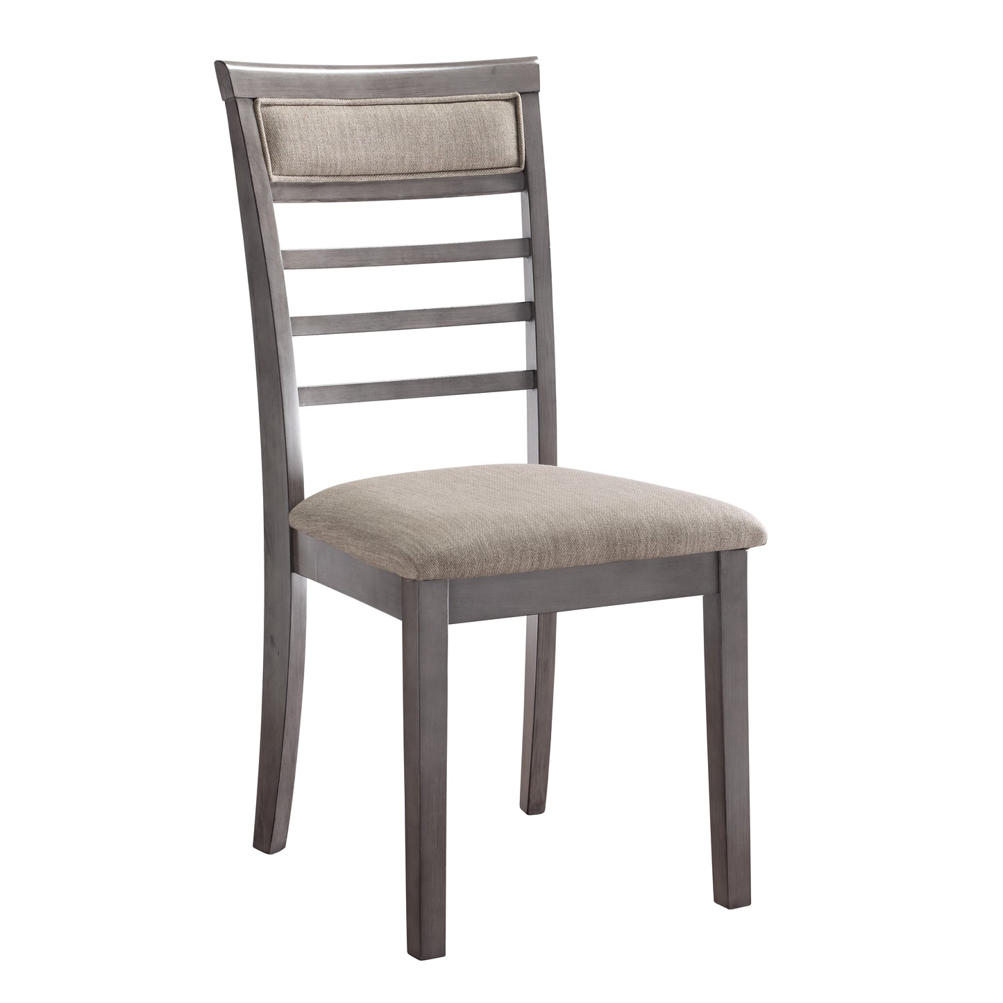 Grey upholstered dining chair with ladder back design perfect for modern kitchens