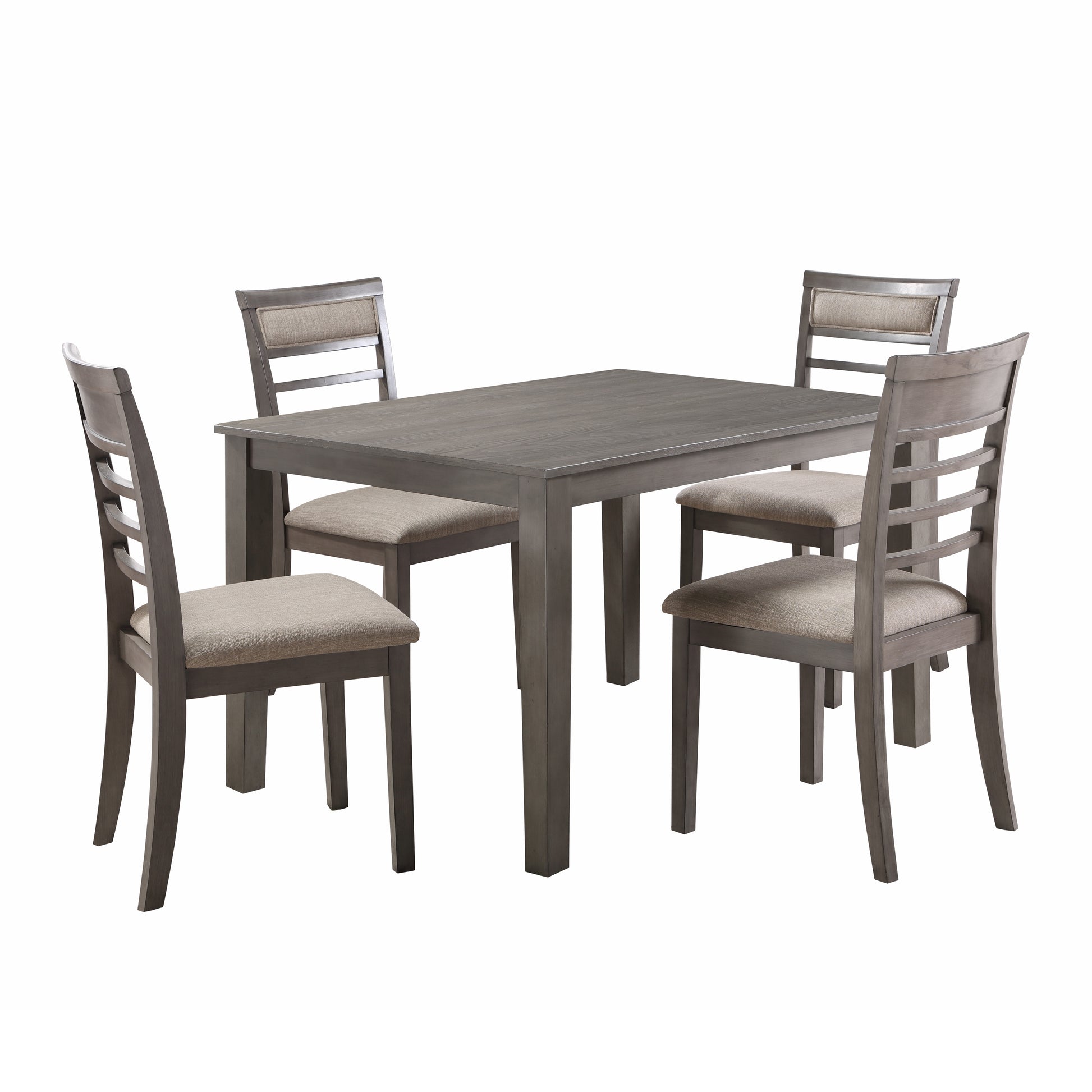 Gray rectangular dining table with four matching chairs linen upholstered seats