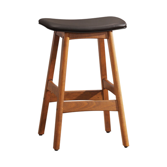 Brown leather saddle seat stool with warm wood frame