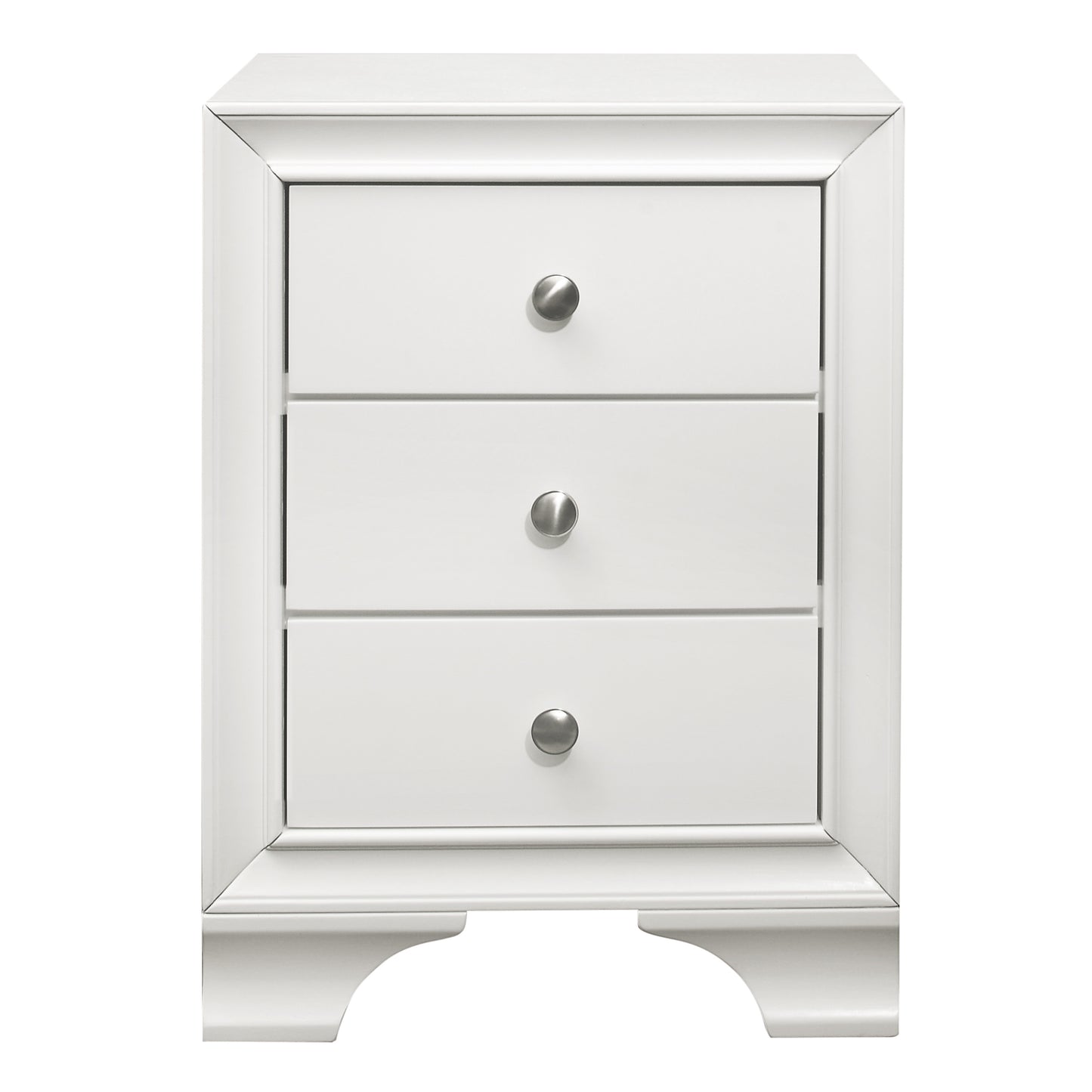 White mirrored nightstand with three silver knob drawers and detailed trim