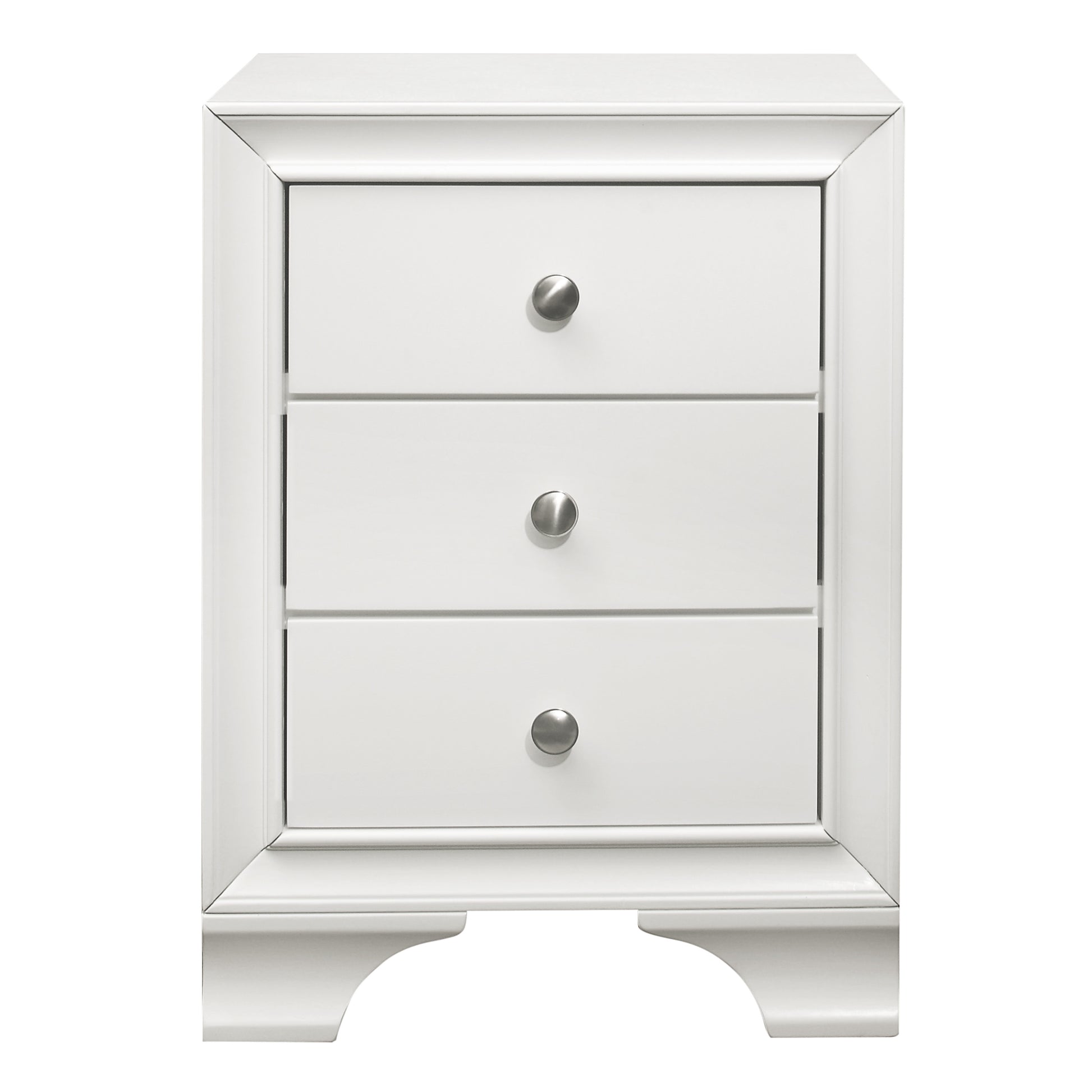 White mirrored nightstand with three silver knob drawers and detailed trim