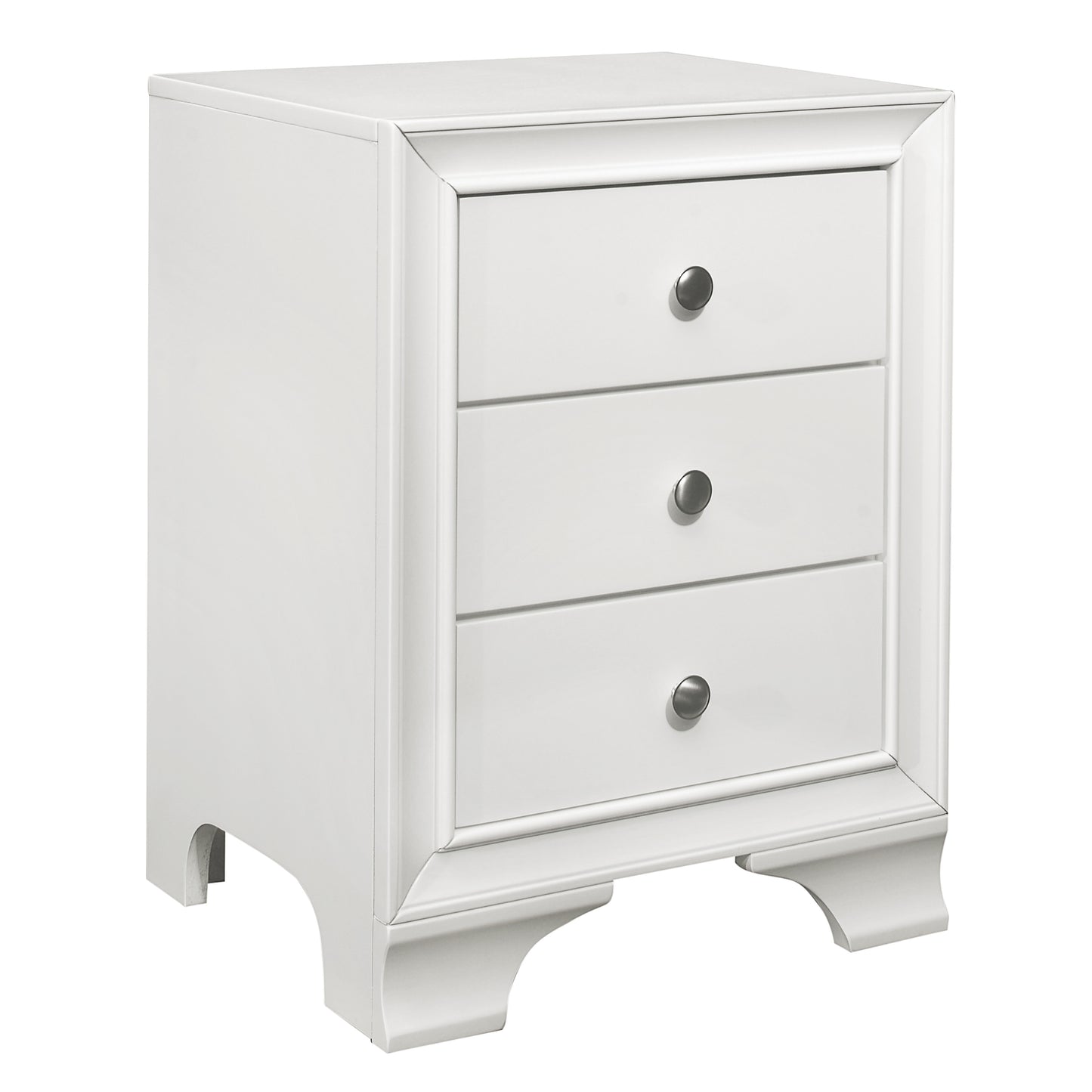 Classic white threedrawer nightstand with silver knobs and elegant molding