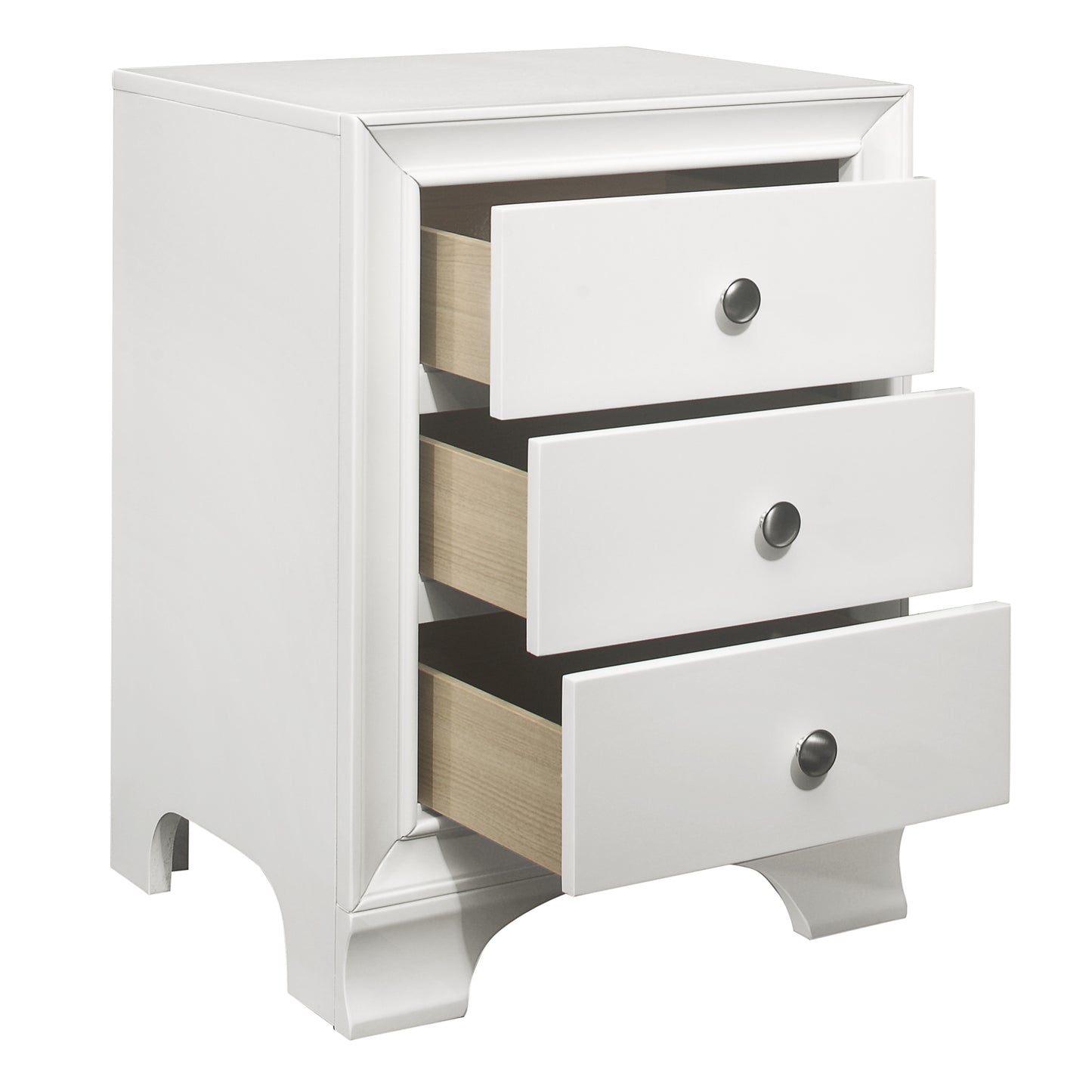 White threedrawer nightstand with silver knob pulls and light wood interior drawers