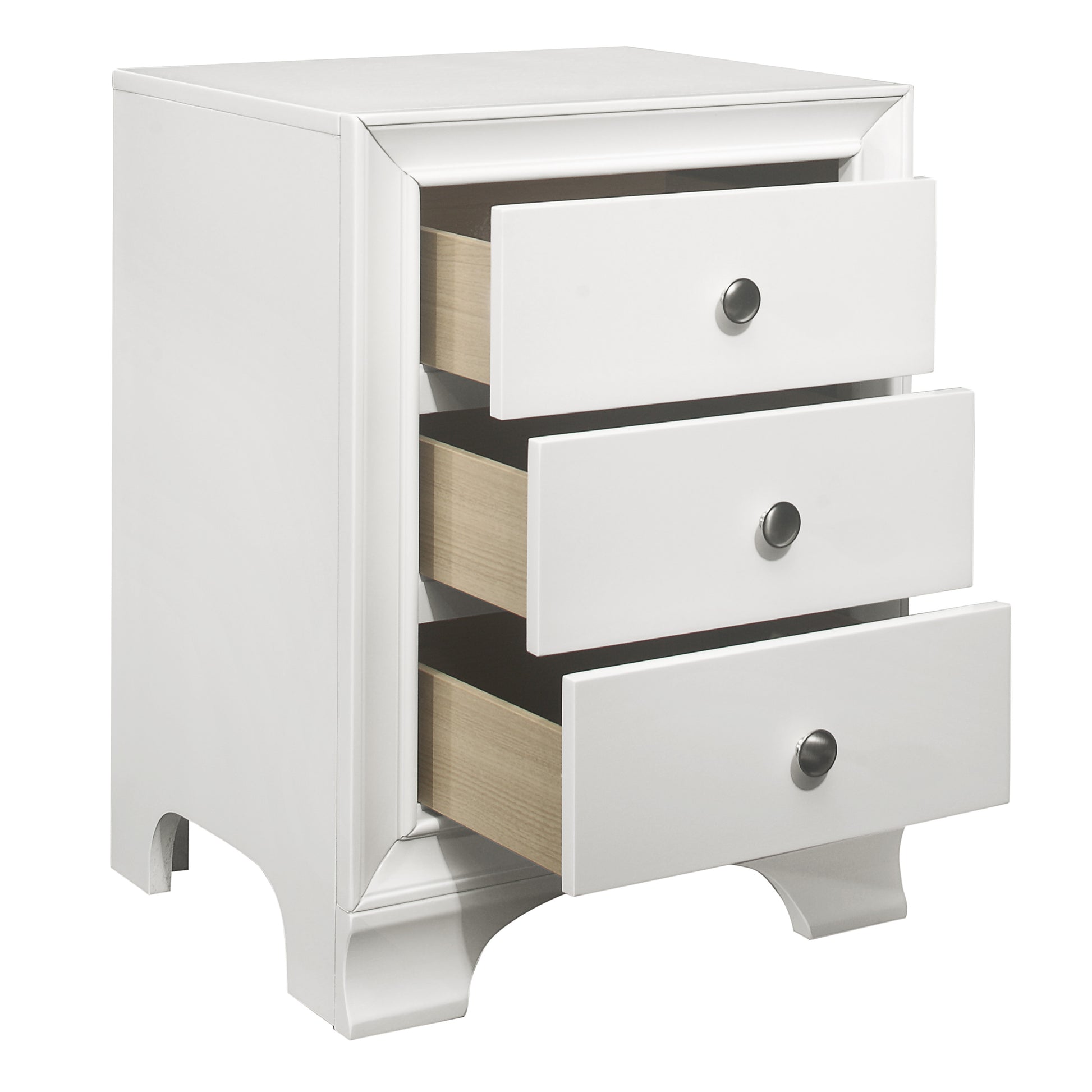 White threedrawer nightstand with silver knob pulls and light wood interior drawers