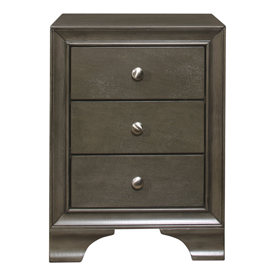 Dark gray wood nightstand with three drawers and brushed nickel knobs