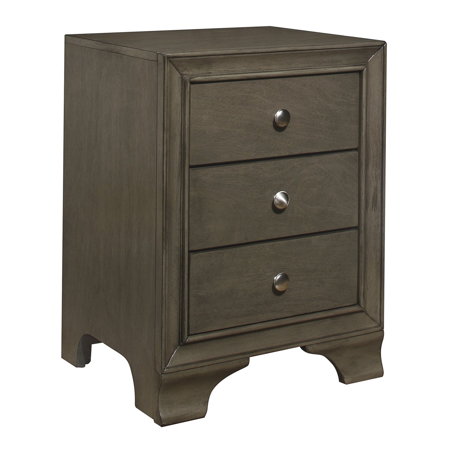 Gray wood nightstand with three drawers and silver knobs