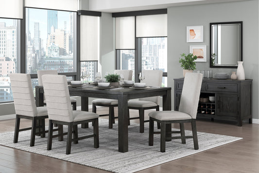 Dark wood dining table with six upholstered chairs on a striped rug