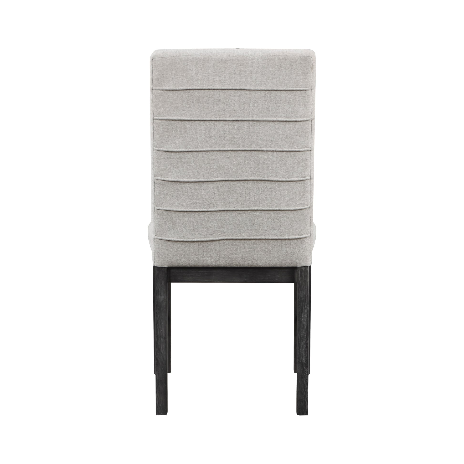 Tufted grey fabric dining chair with dark wood legs a modern accent piece