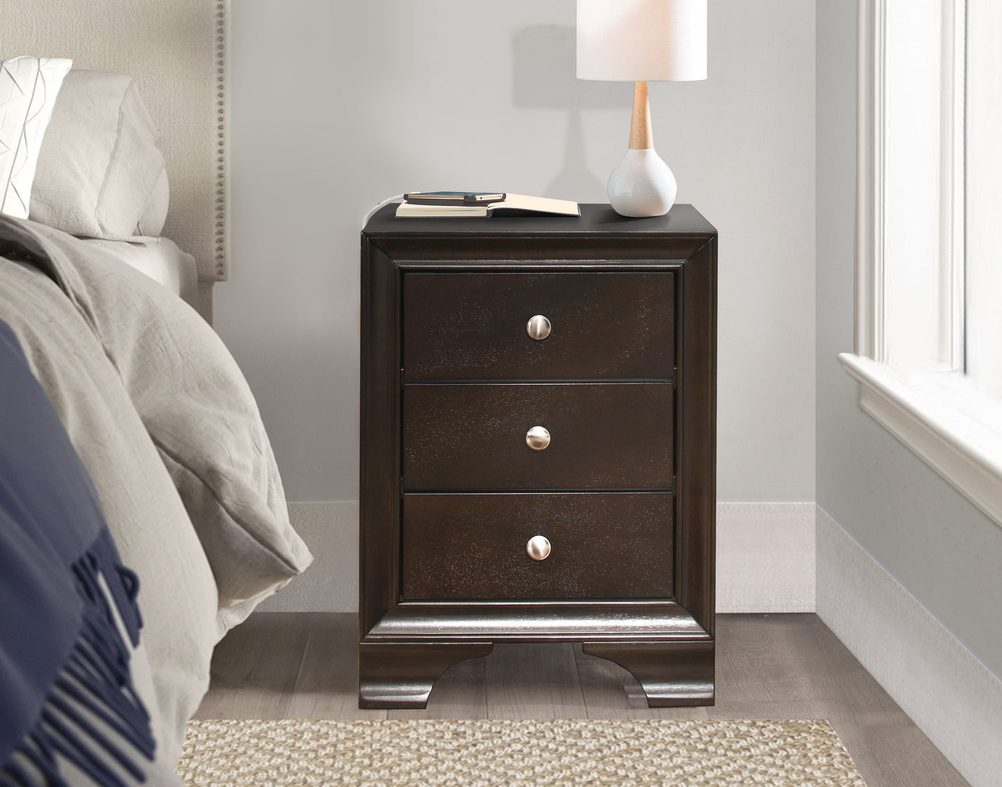 Dark espresso wood nightstand with three drawers and brushed nickel hardware