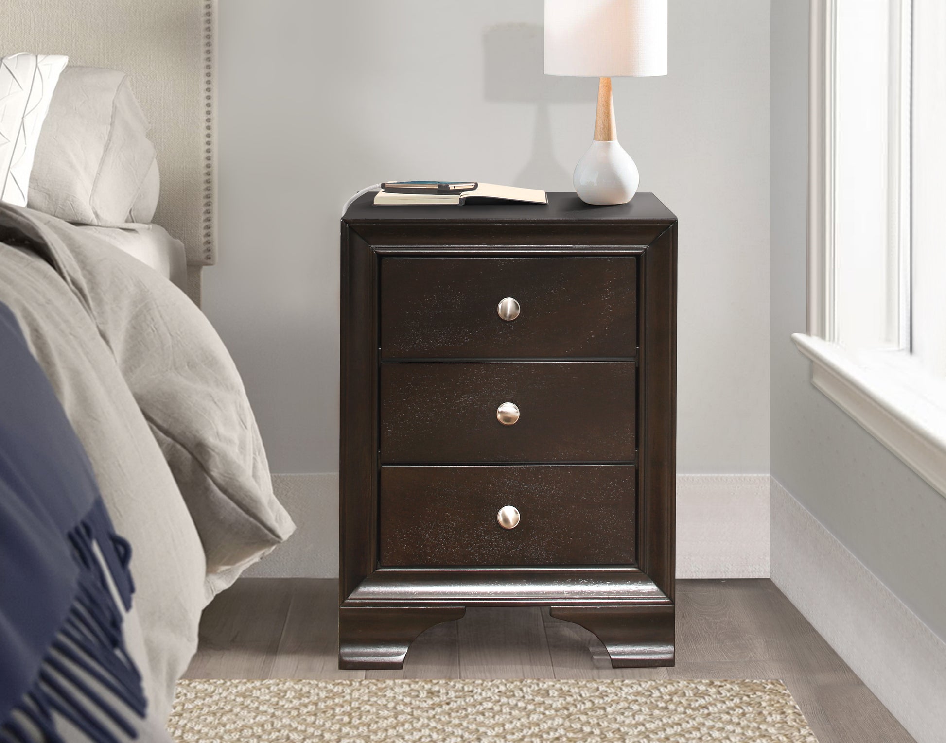 Dark espresso wood nightstand with three drawers and brushed nickel hardware