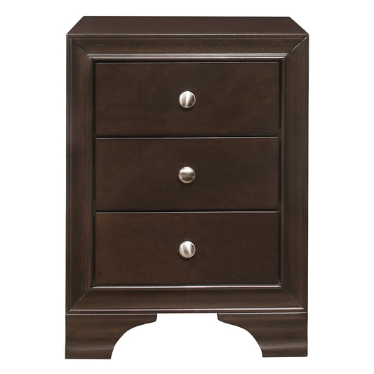 Dark brown wooden bedside table with three drawers and silver knobs