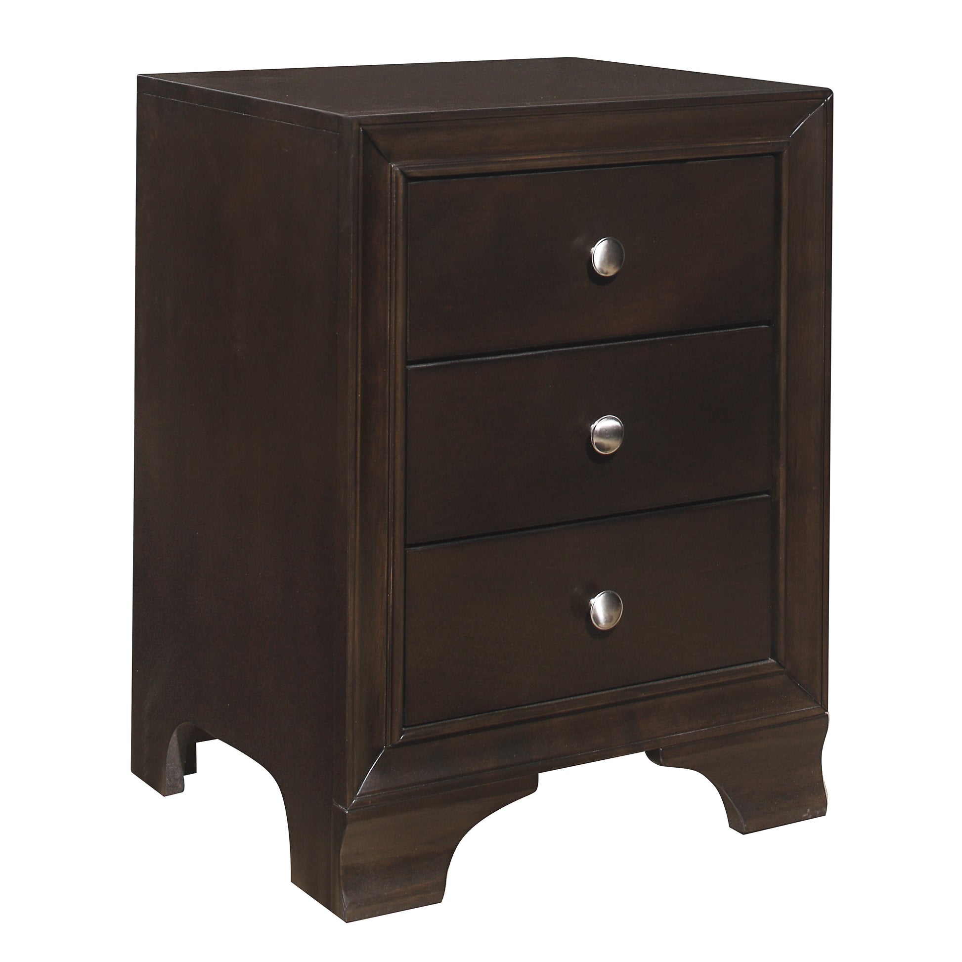 Dark brown wooden nightstand with three drawers and silver knobs