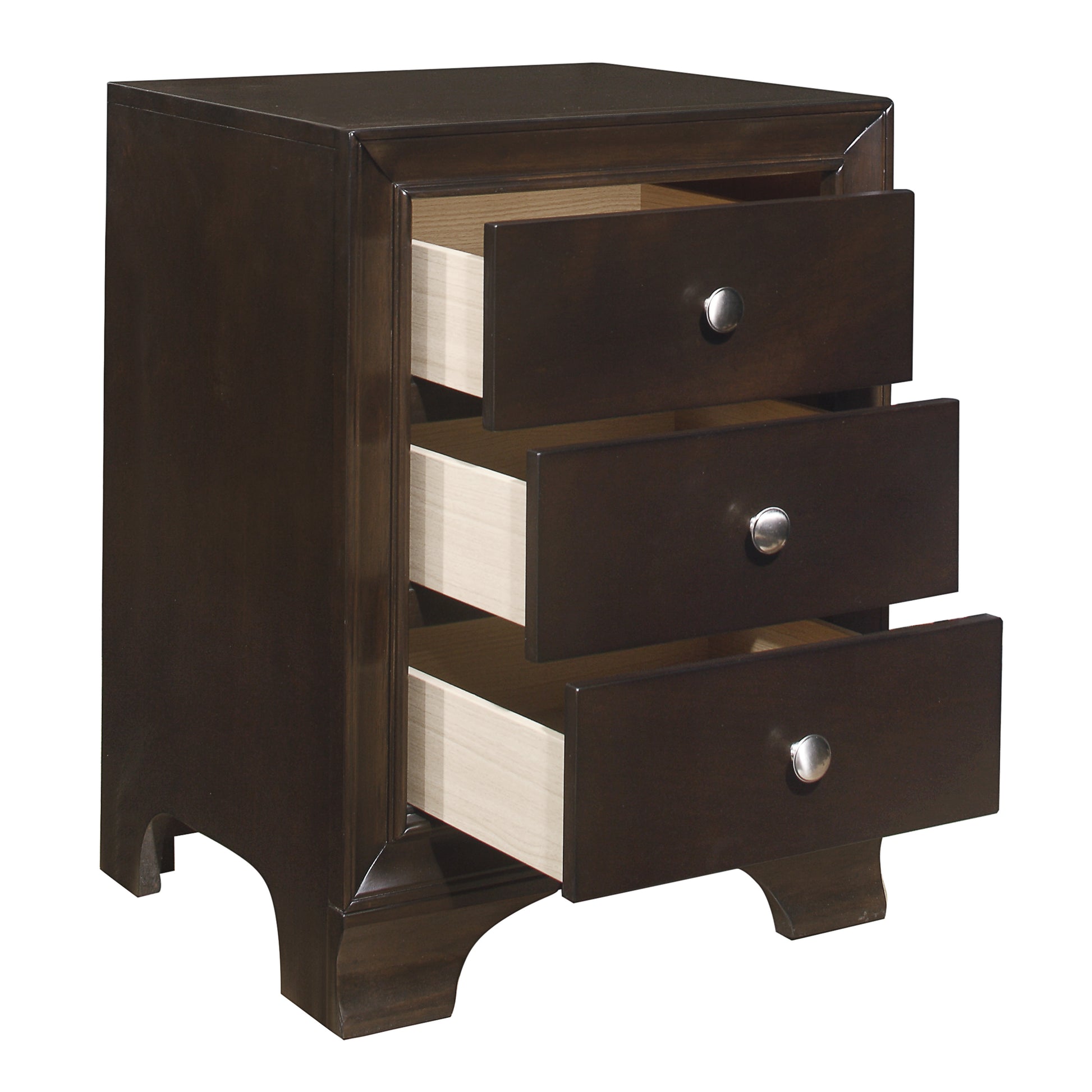 Dark brown wooden nightstand with three open drawers and silver knobs