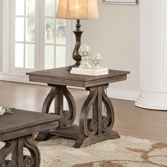 Dark wood end table with carved scrollwork legs and a rustic finish