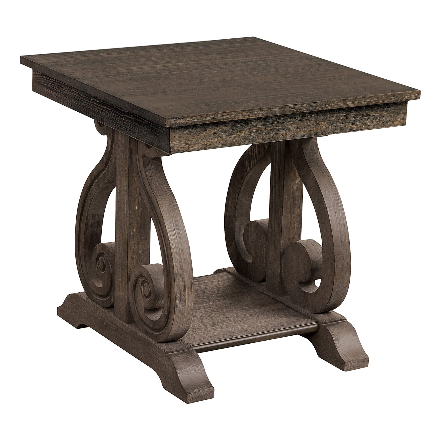 Dark oak wood end table with ornate scroll legs and lower shelf