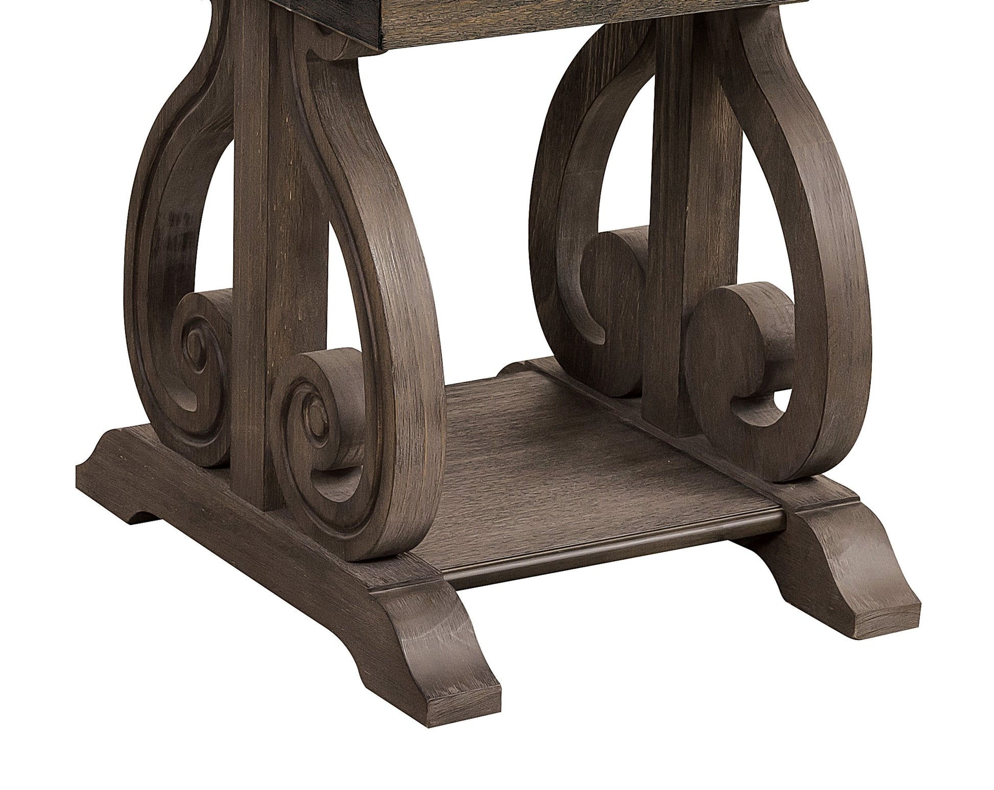 Dark oak wood side table with scrollshaped legs and a lower shelf