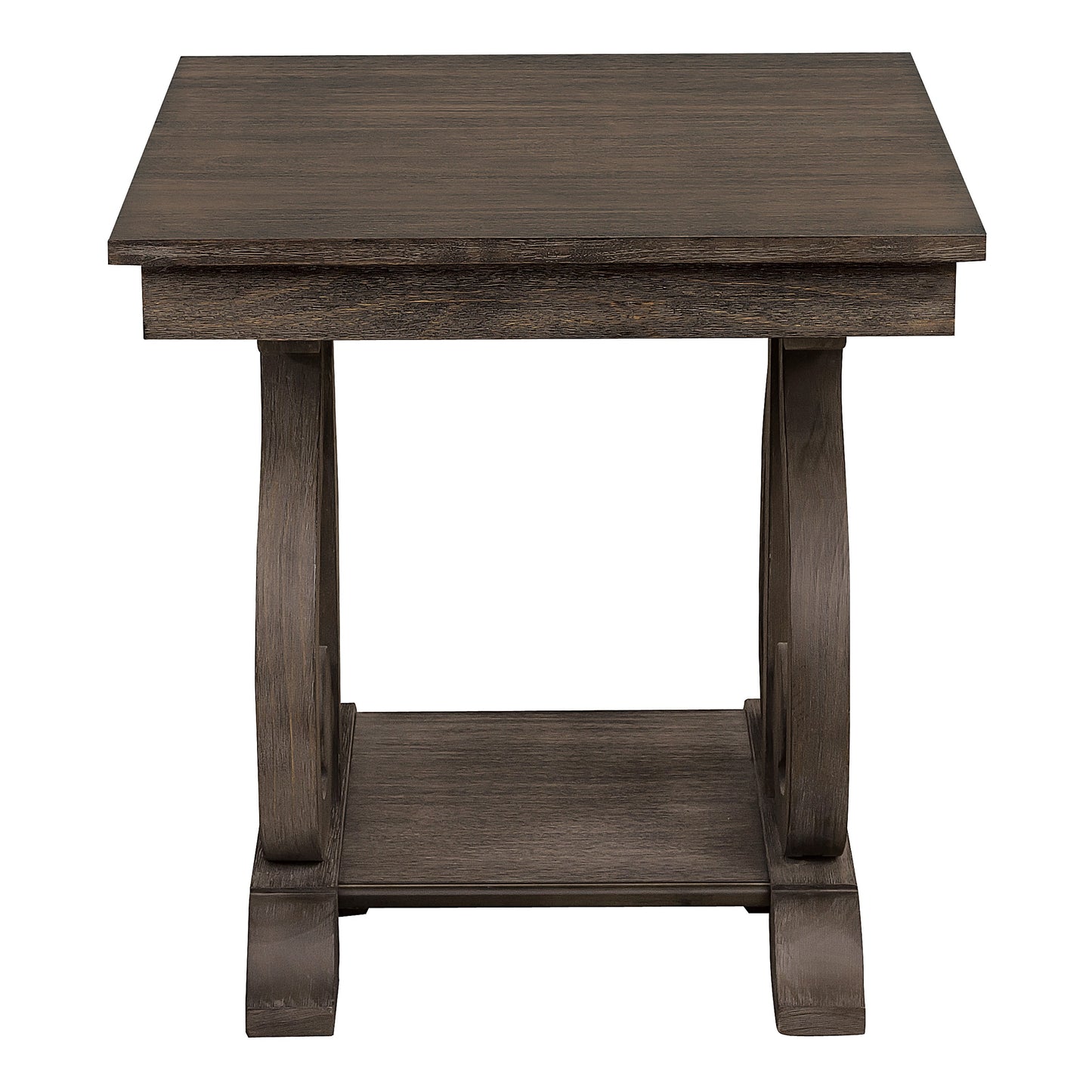 Dark oak end table with curved legs and lower shelf