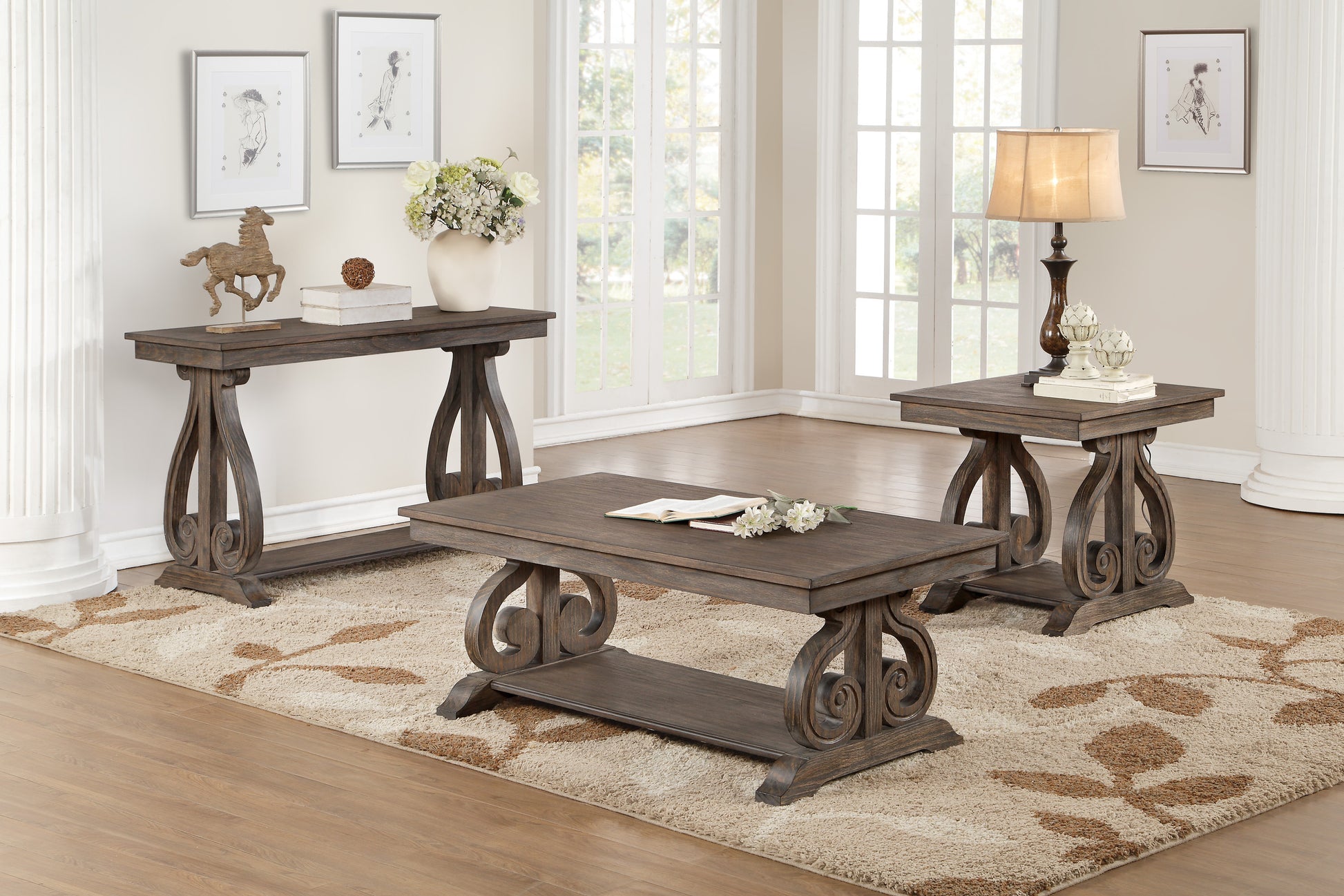 Dark wood ornate coffee table with a lower shelf and decorative scroll legs
